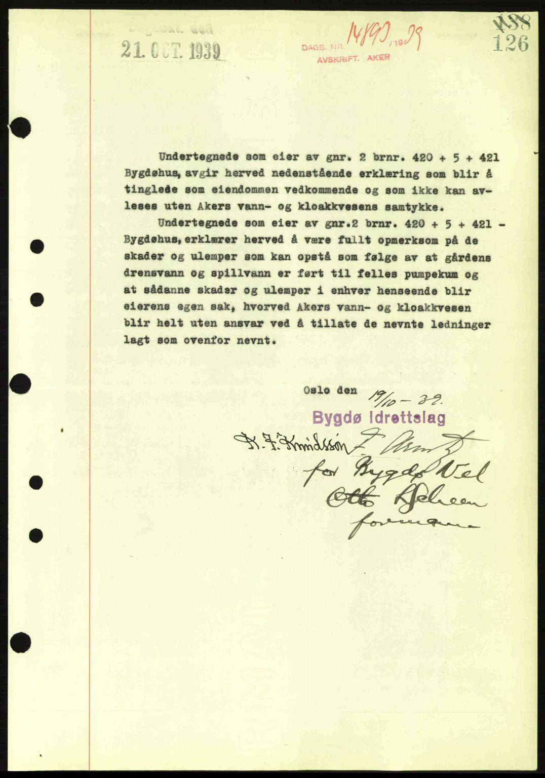 Aker herredsskriveri, AV/SAO-A-10896/G/Gb/Gba/Gbab/L0037: Mortgage book no. A164, 1939-1939, Diary no: : 14893/1939