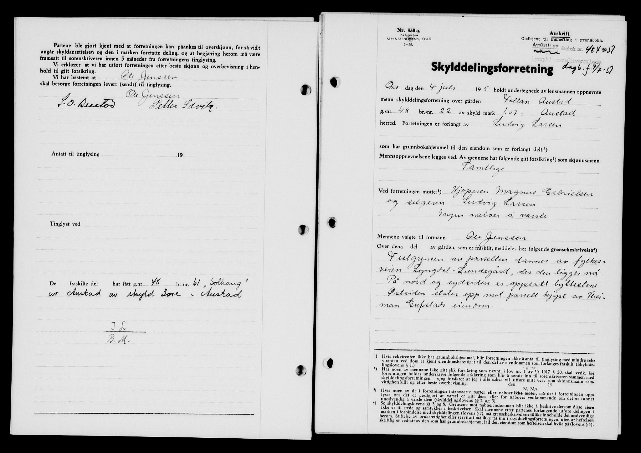 Lyngdal sorenskriveri, AV/SAK-1221-0004/G/Gb/L0666: Mortgage book no. A XII, 1950-1951, Diary no: : 484/1951