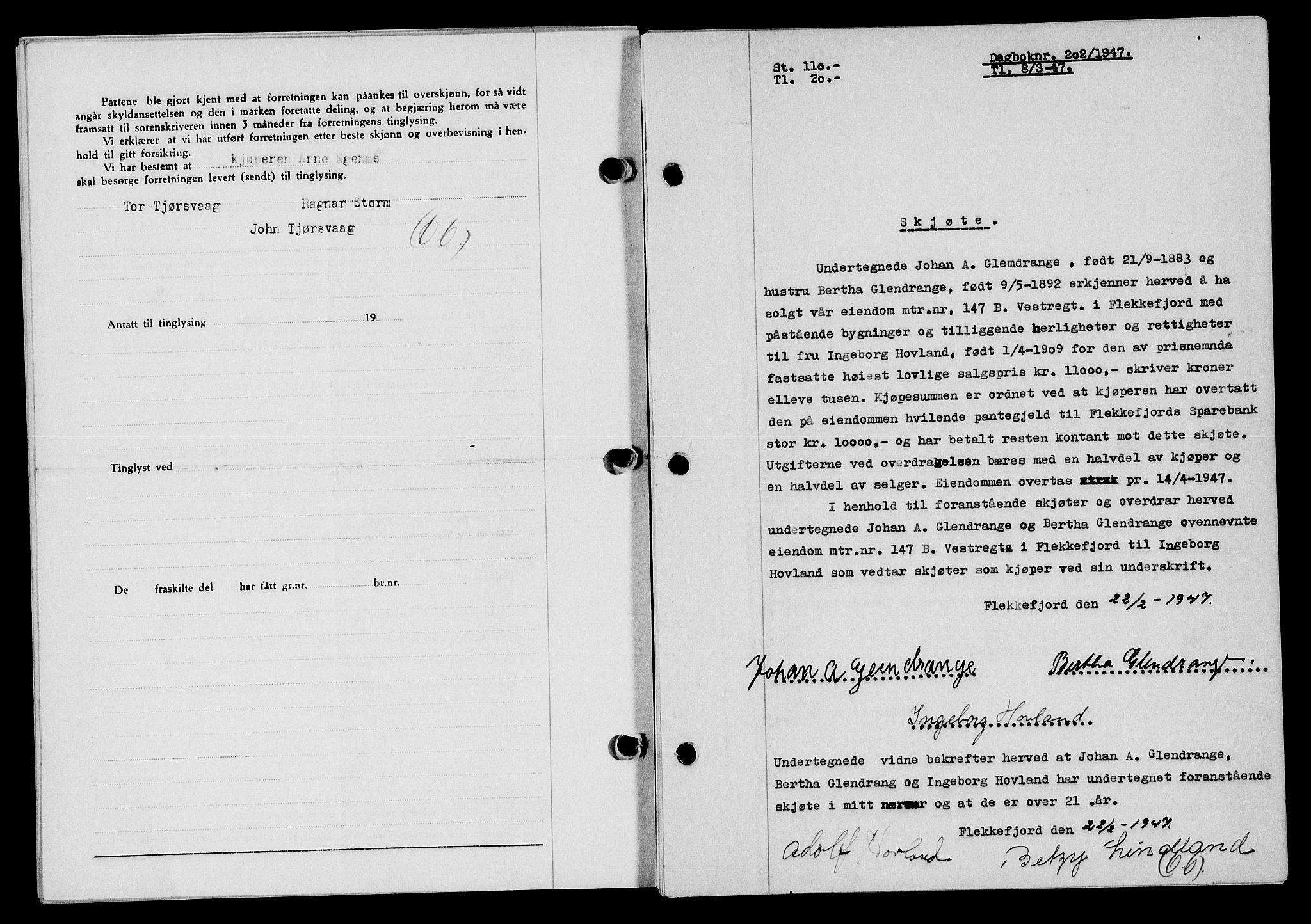 Flekkefjord sorenskriveri, AV/SAK-1221-0001/G/Gb/Gba/L0061: Mortgage book no. A-9, 1946-1947, Diary no: : 202/1947