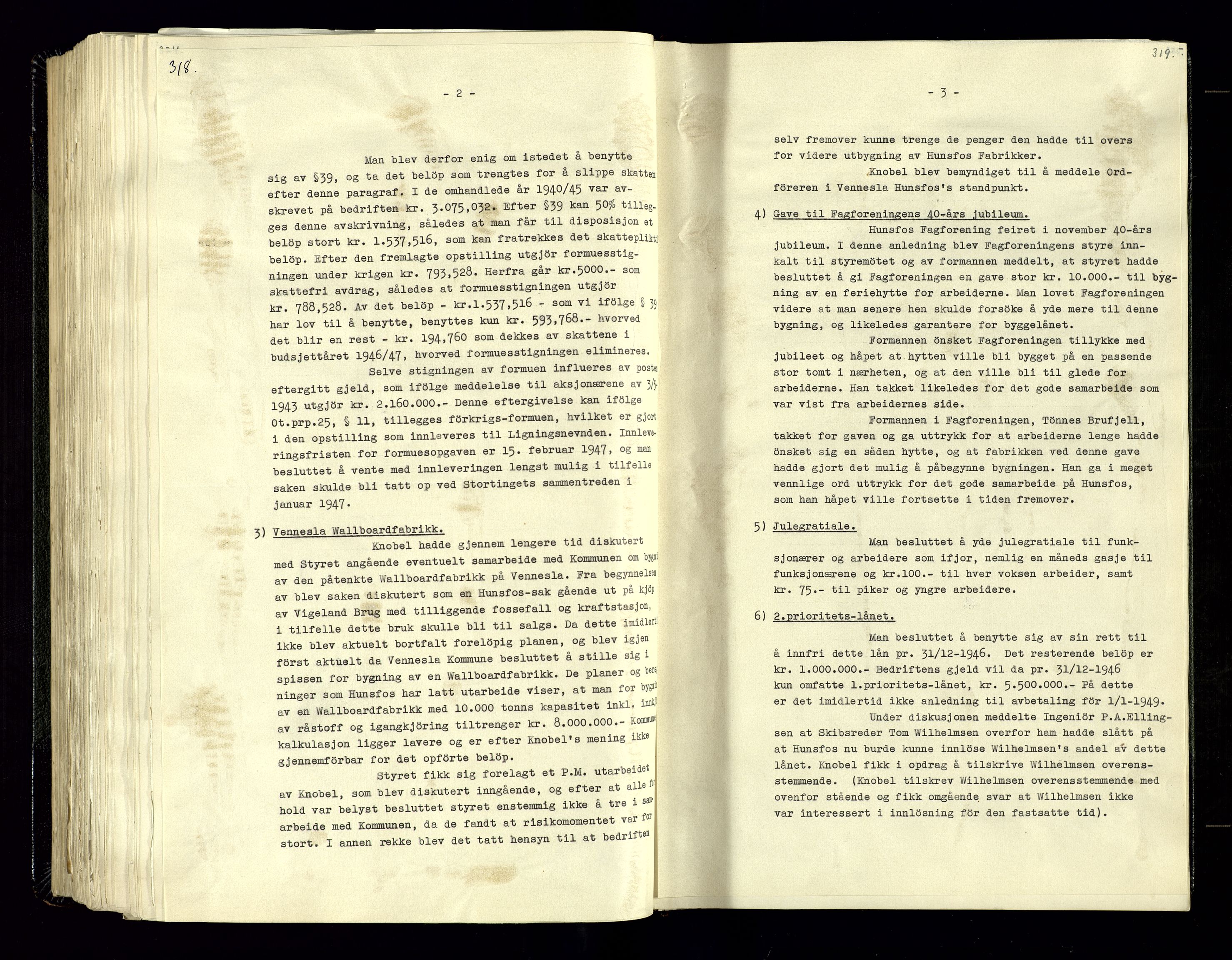 Hunsfos fabrikker, AV/SAK-D/1440/02/L0006: Referatprotokoll fra styremøter, 1938-1950, p. 318-319