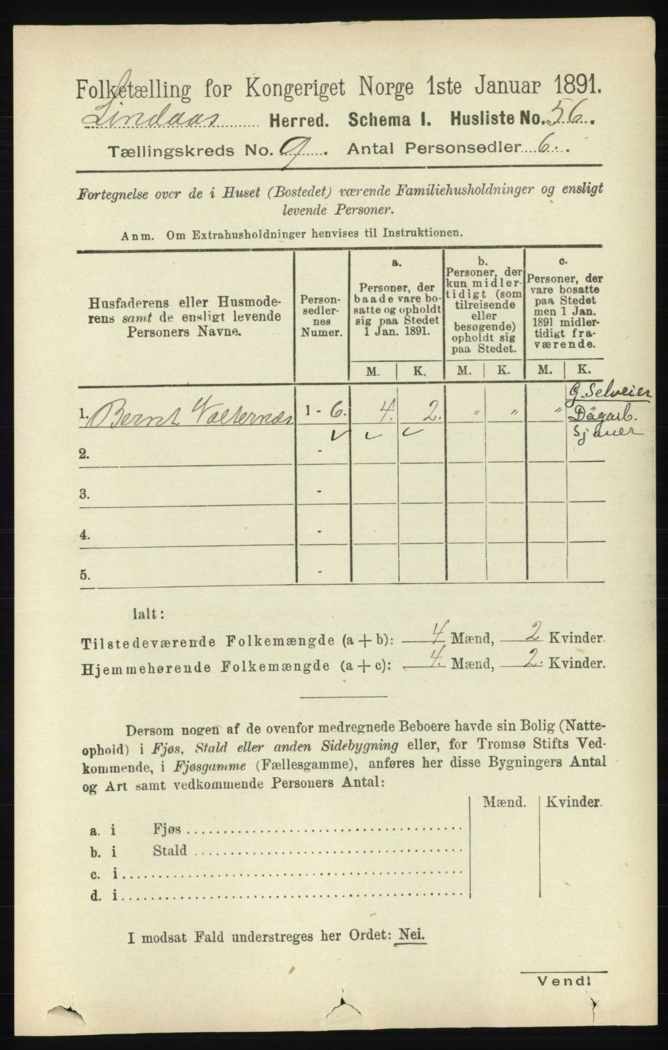 RA, 1891 census for 1263 Lindås, 1891, p. 2952