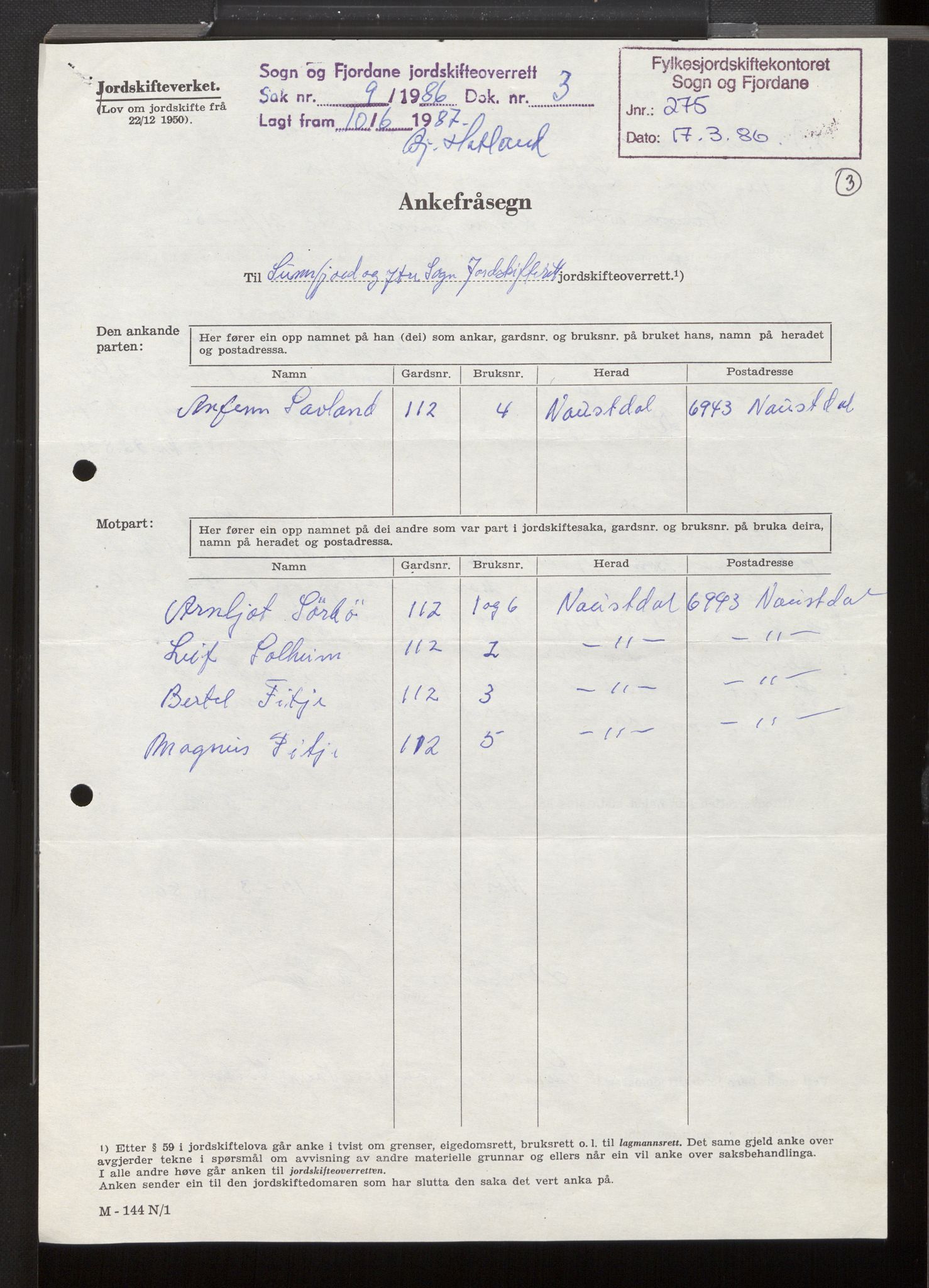 Sunnfjord og Ytre Sogn jordskifterett, AV/SAB-A-100476/F/Fh/L0019/0002: Jordskiftesaker gnr. 108 - 115 / Sak 1490 - 1978 - 0010 Fitje gnr. 112 i Naustdal og ankesak til jordskifteoverretten 2500 - 1986 - 0009 Fitje gnr. 112 i Naustdal, 1978-1988, p. 224