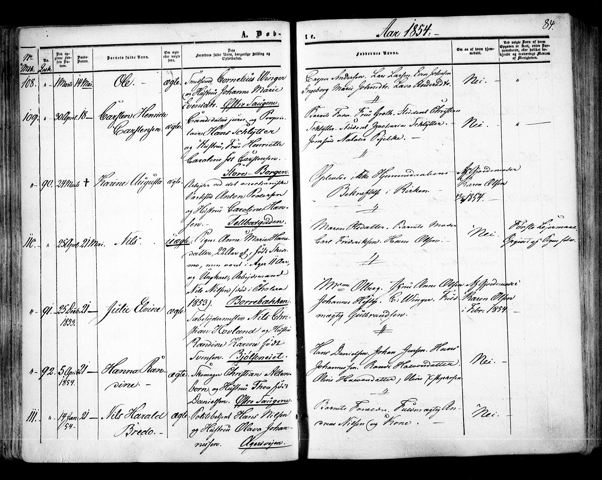 Aker prestekontor kirkebøker, SAO/A-10861/F/L0020: Parish register (official) no. 20, 1853-1857, p. 84