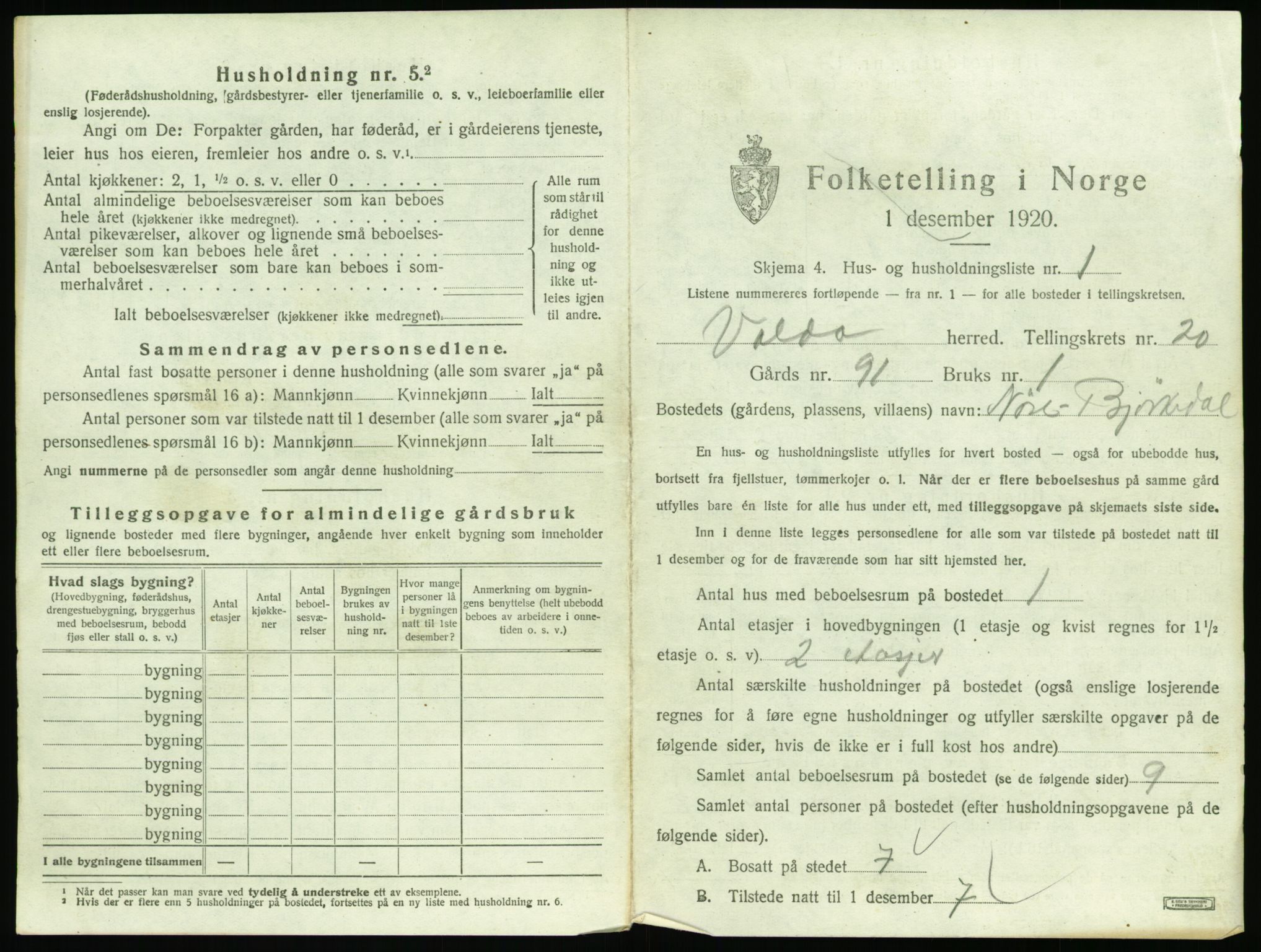 SAT, 1920 census for Volda, 1920, p. 1392