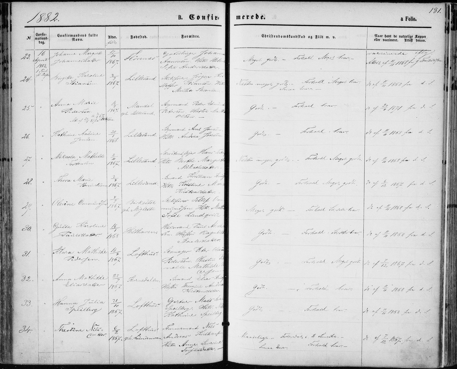 Vestre Moland sokneprestkontor, AV/SAK-1111-0046/F/Fa/Fab/L0008: Parish register (official) no. A 8, 1873-1883, p. 181