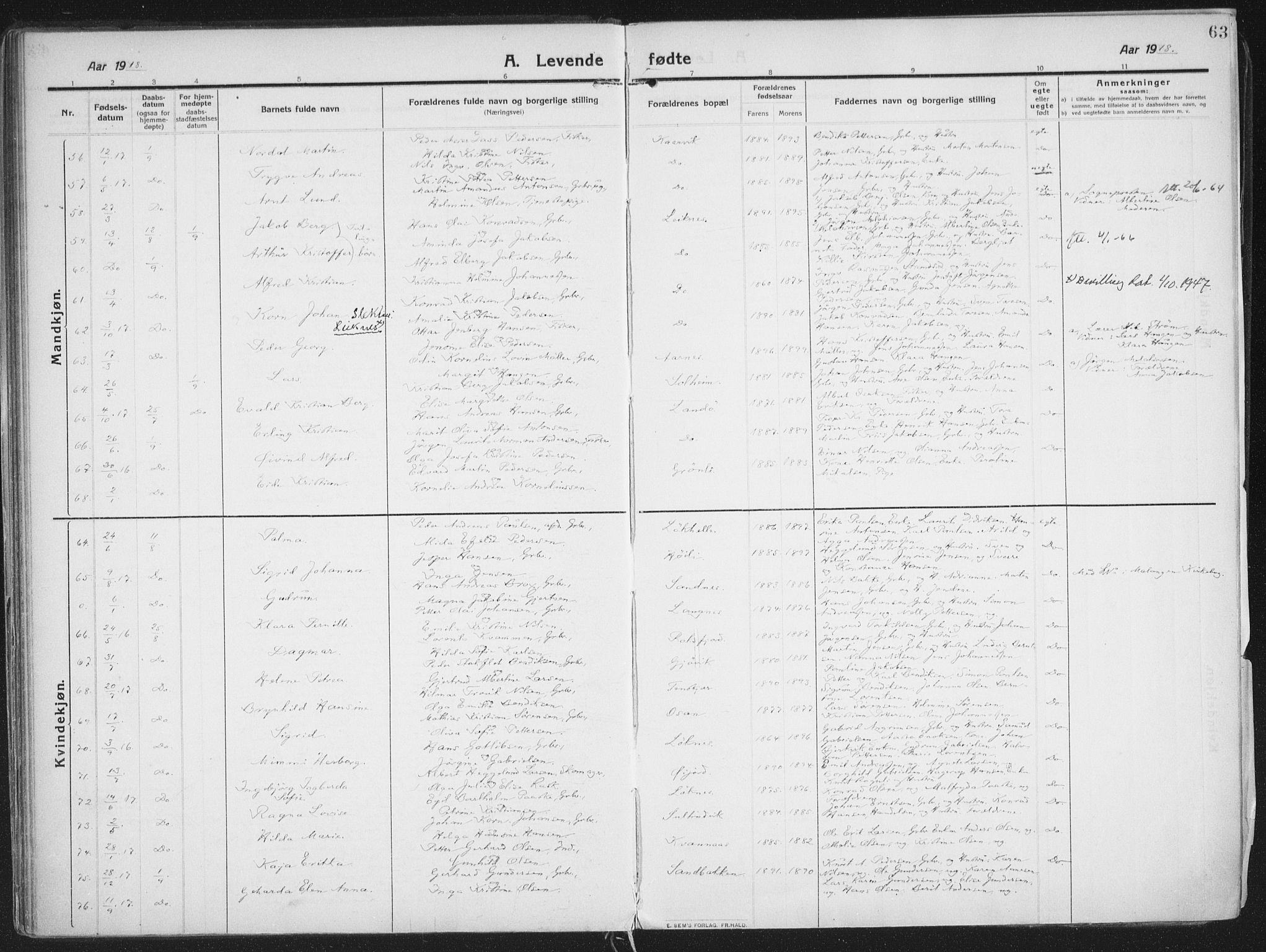 Lenvik sokneprestembete, AV/SATØ-S-1310/H/Ha/Haa/L0016kirke: Parish register (official) no. 16, 1910-1924, p. 63