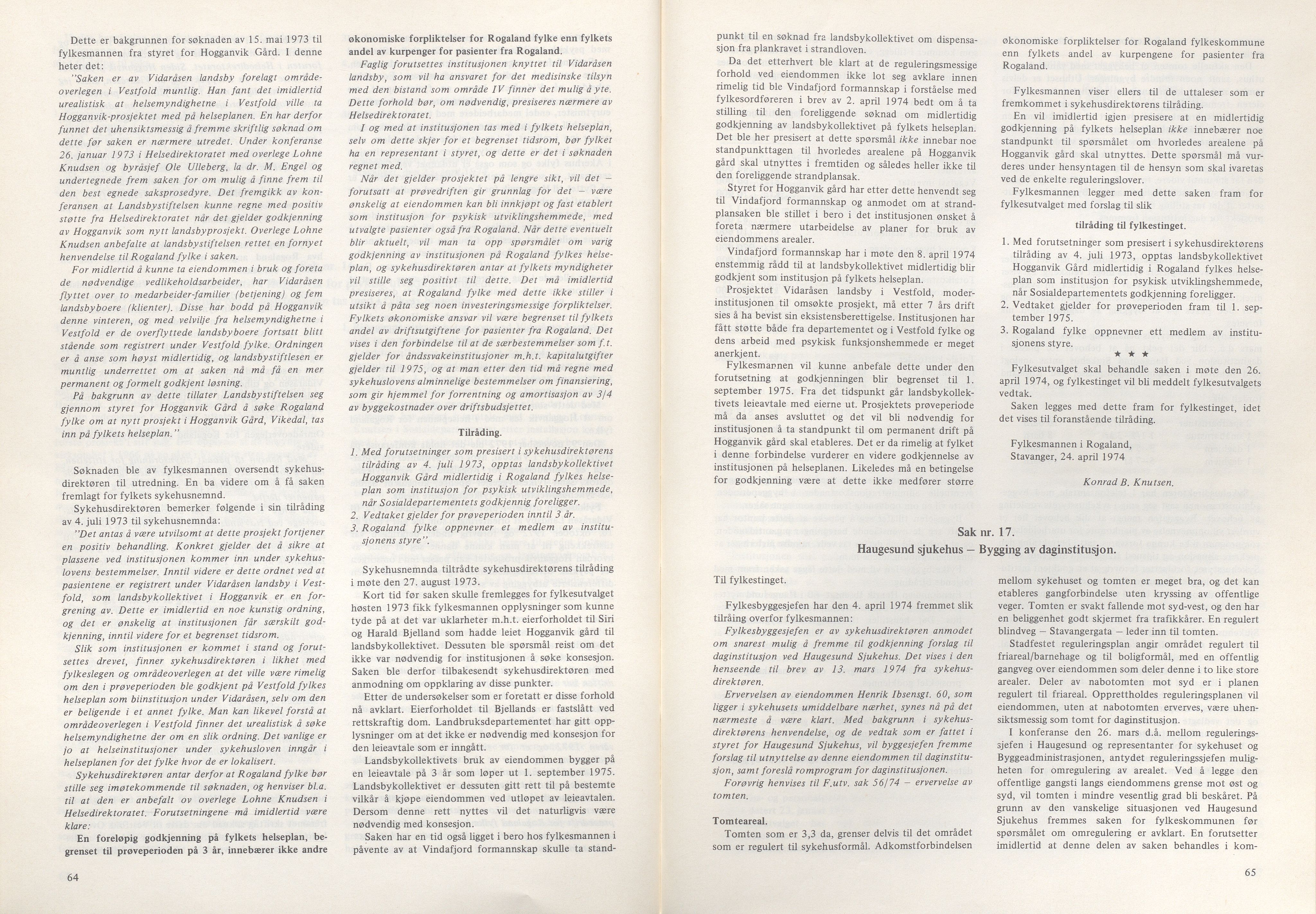 Rogaland fylkeskommune - Fylkesrådmannen , IKAR/A-900/A/Aa/Aaa/L0094: Møtebok , 1974, p. 64-65