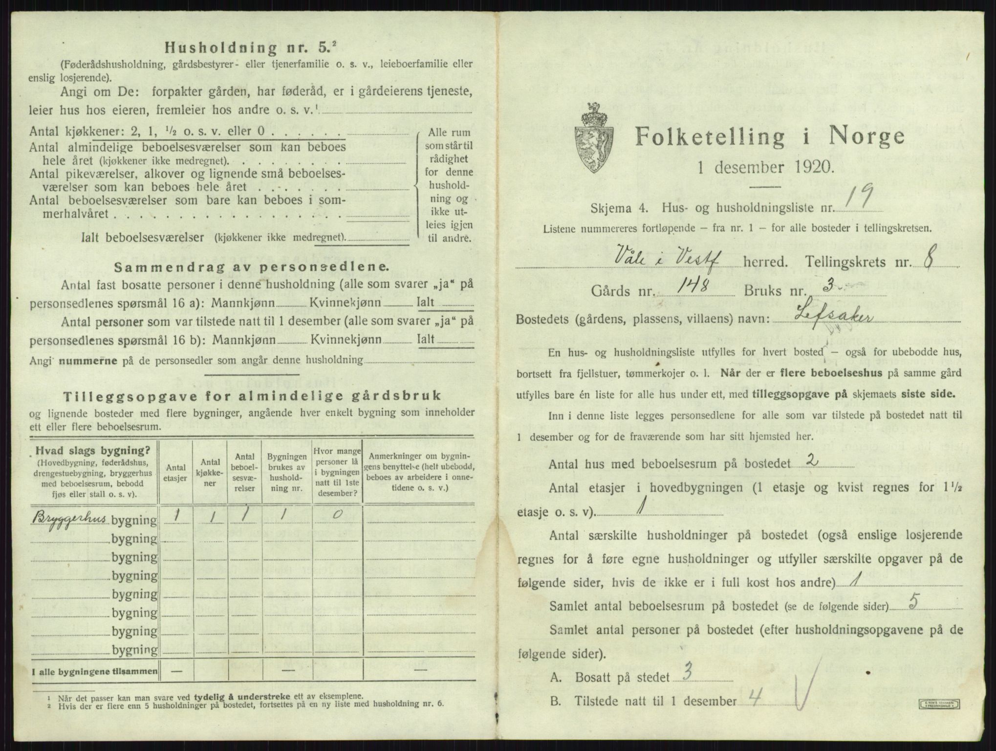 SAKO, 1920 census for Våle, 1920, p. 1010