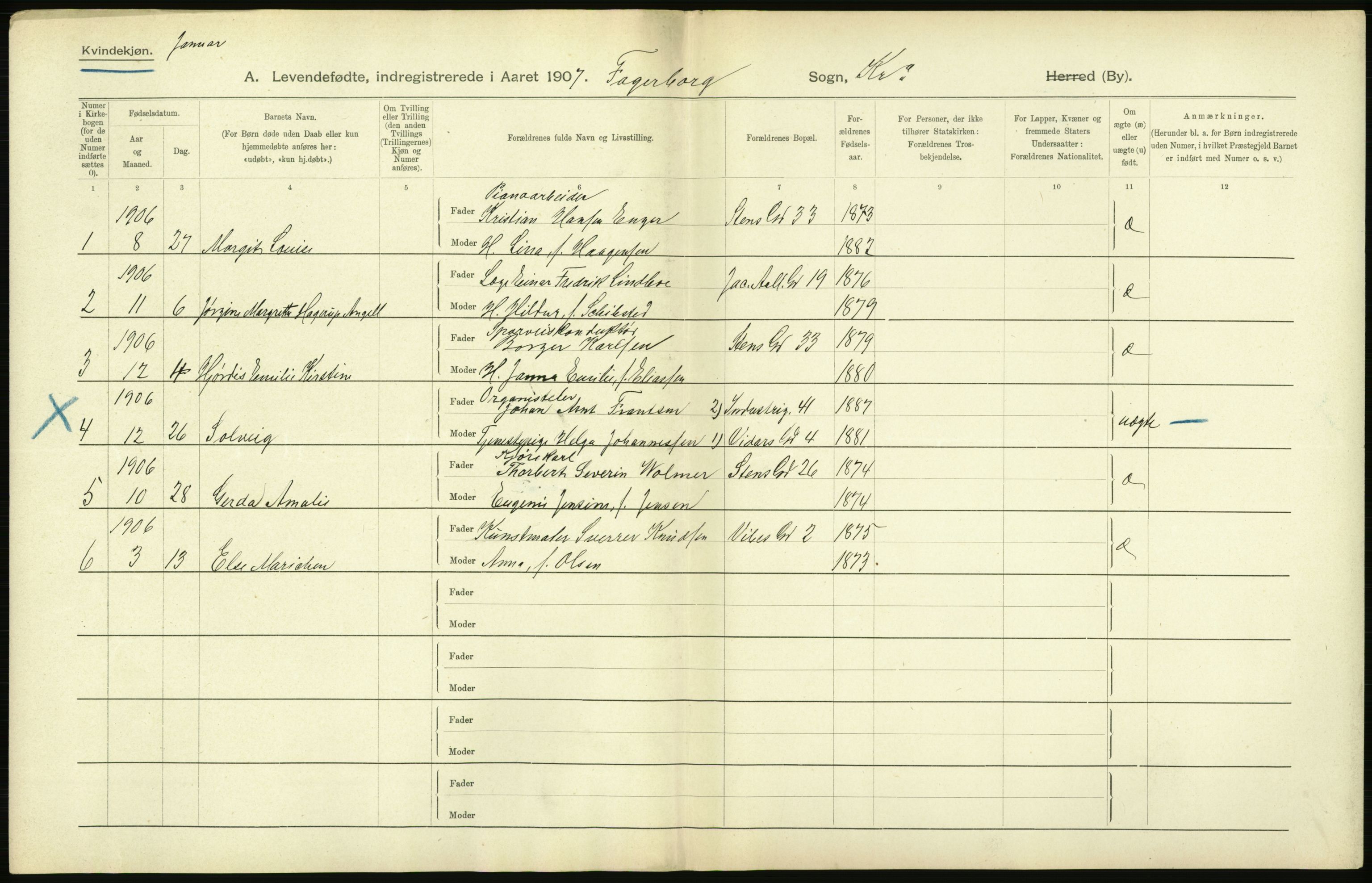 Statistisk sentralbyrå, Sosiodemografiske emner, Befolkning, AV/RA-S-2228/D/Df/Dfa/Dfae/L0006: Kristiania: Levendefødte menn og kvinner., 1907, p. 206