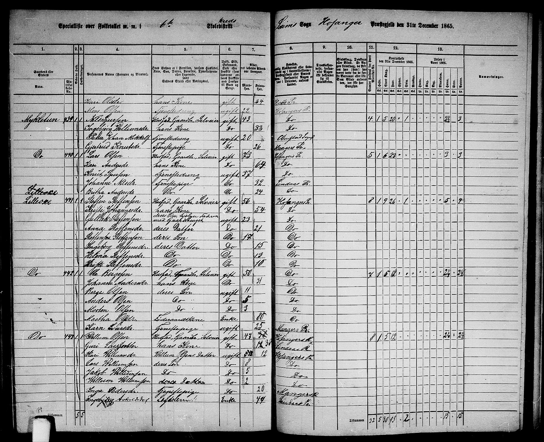 RA, 1865 census for Hosanger, 1865, p. 175