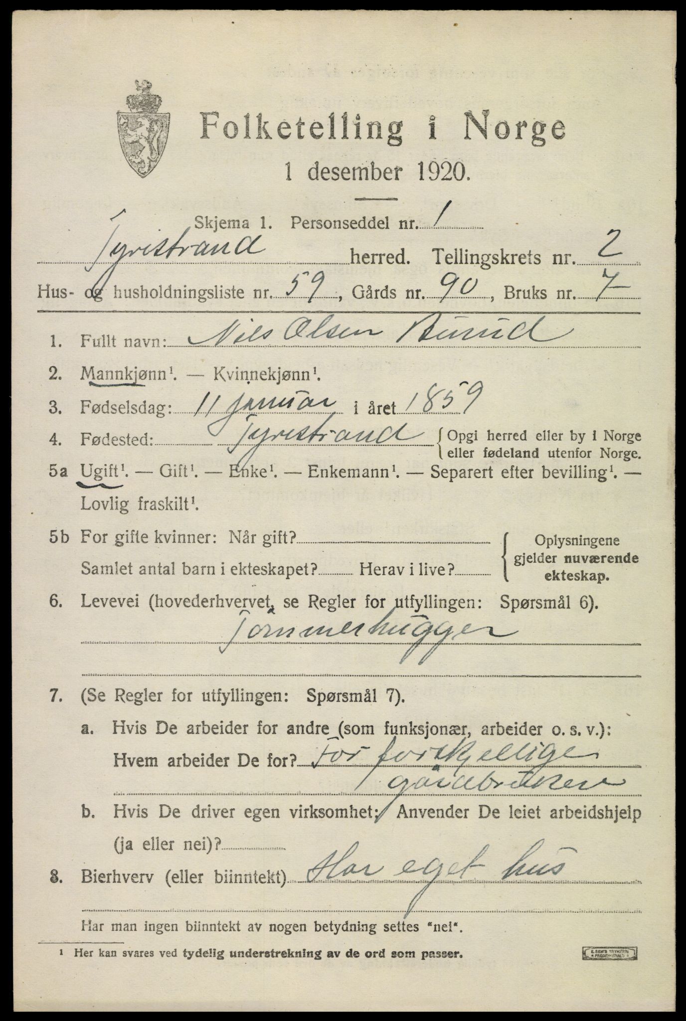 SAKO, 1920 census for Tyristrand, 1920, p. 1970