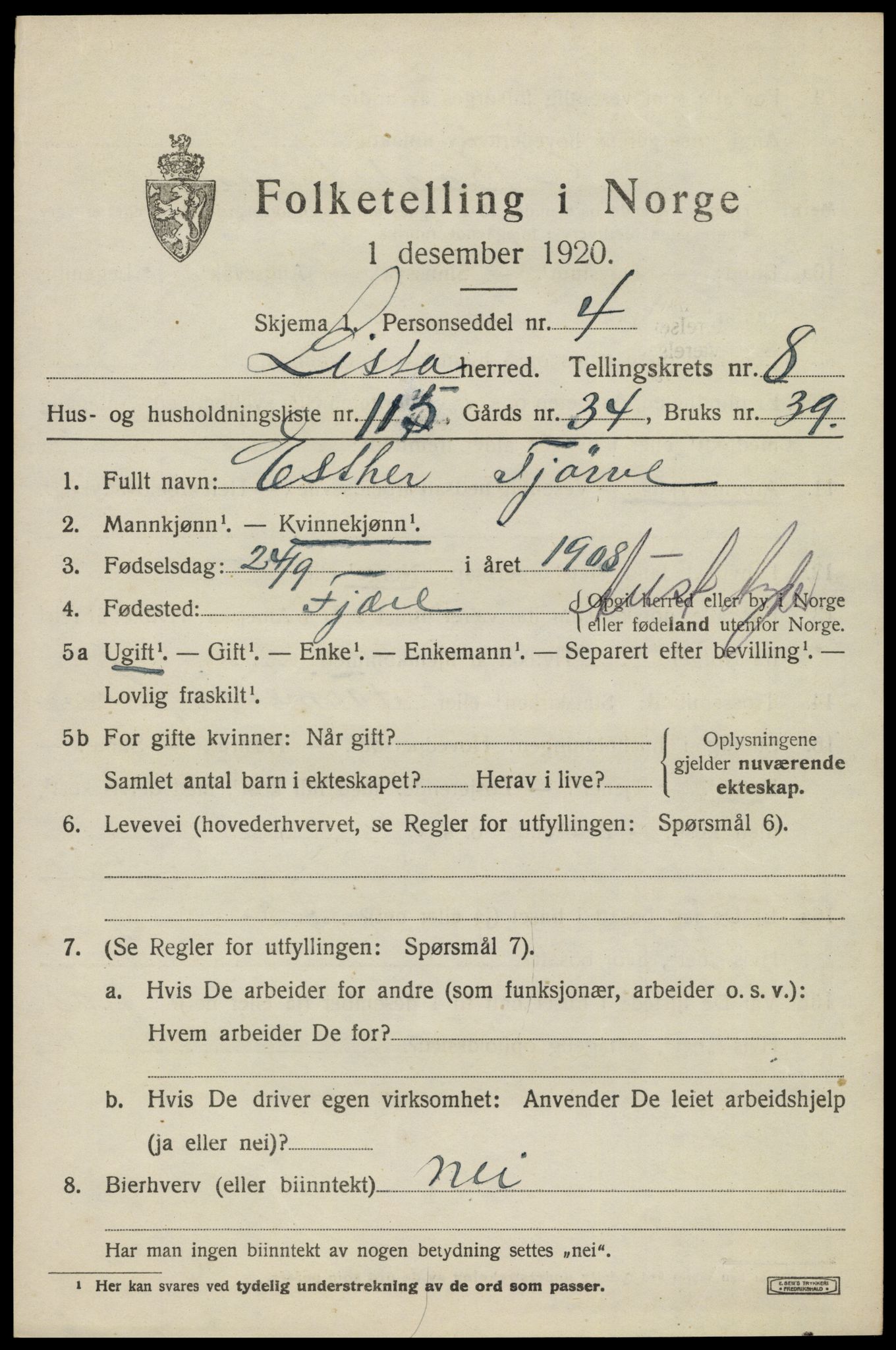 SAK, 1920 census for Lista, 1920, p. 8995