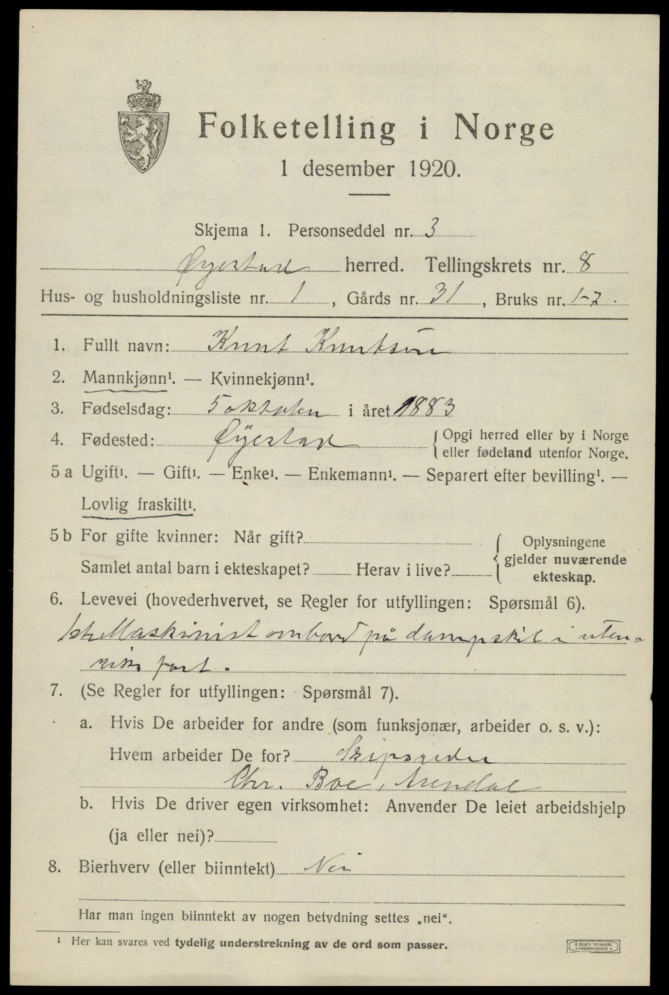 SAK, 1920 census for Øyestad, 1920, p. 5268