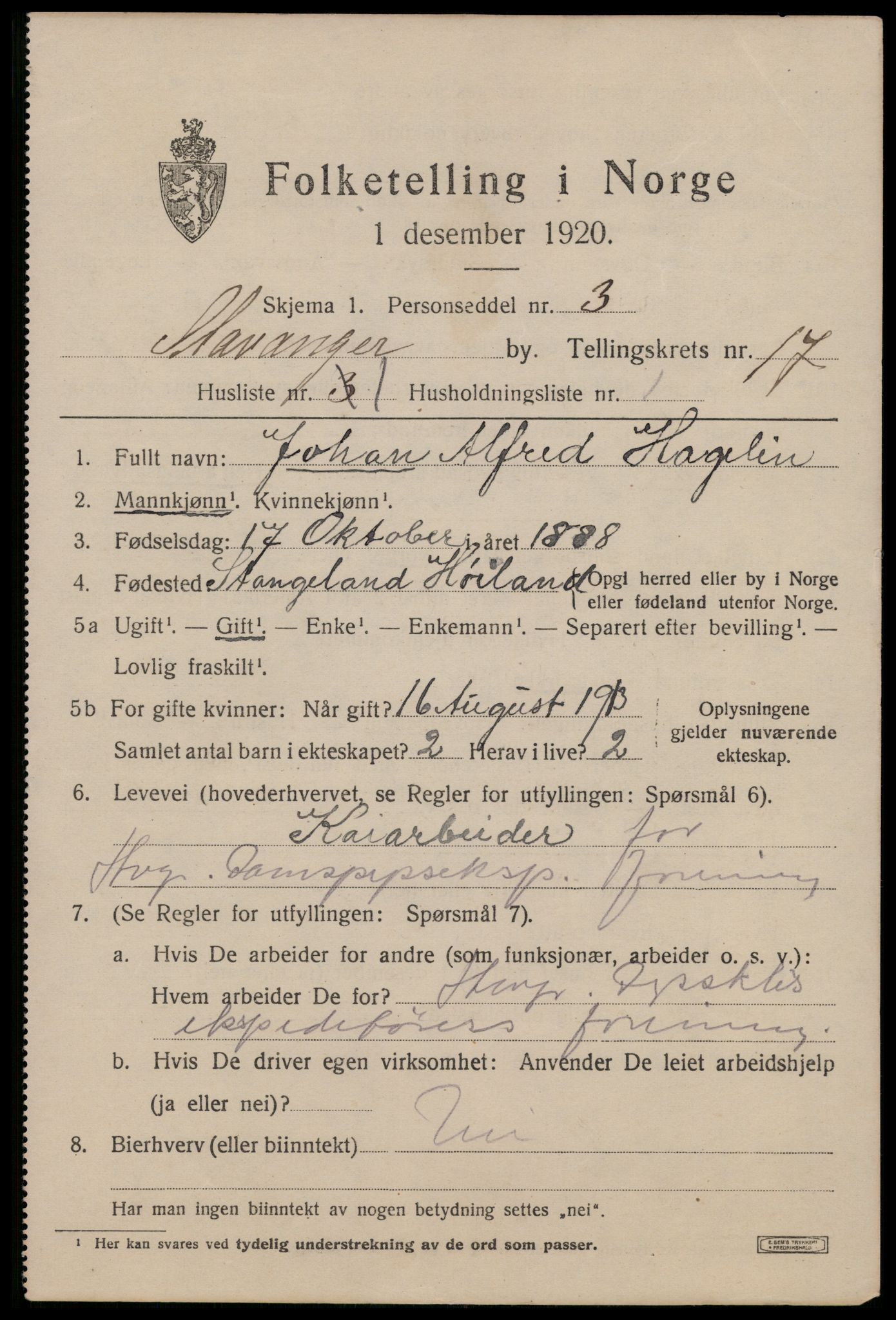 SAST, 1920 census for Stavanger, 1920, p. 65222