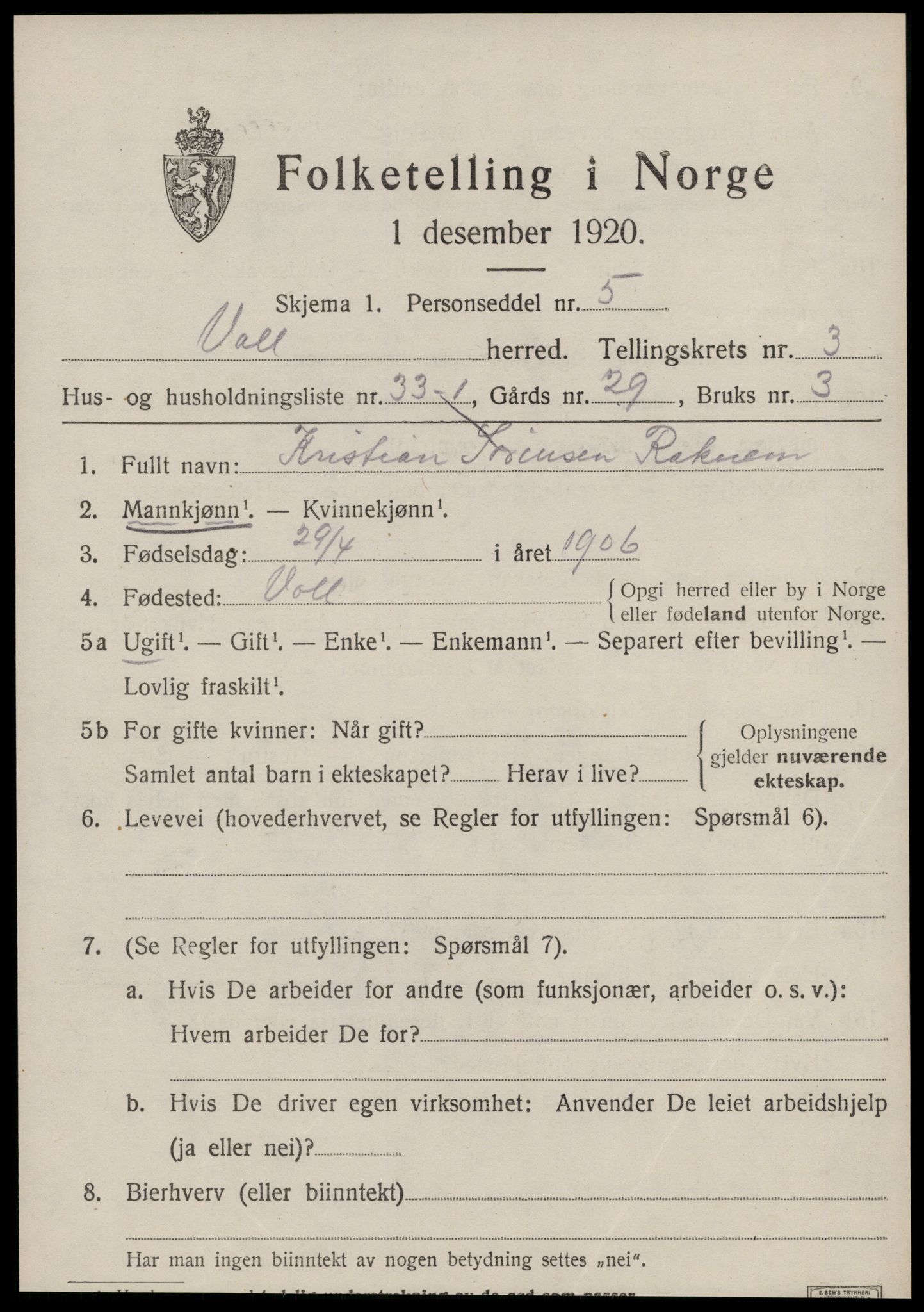 SAT, 1920 census for Voll, 1920, p. 1621