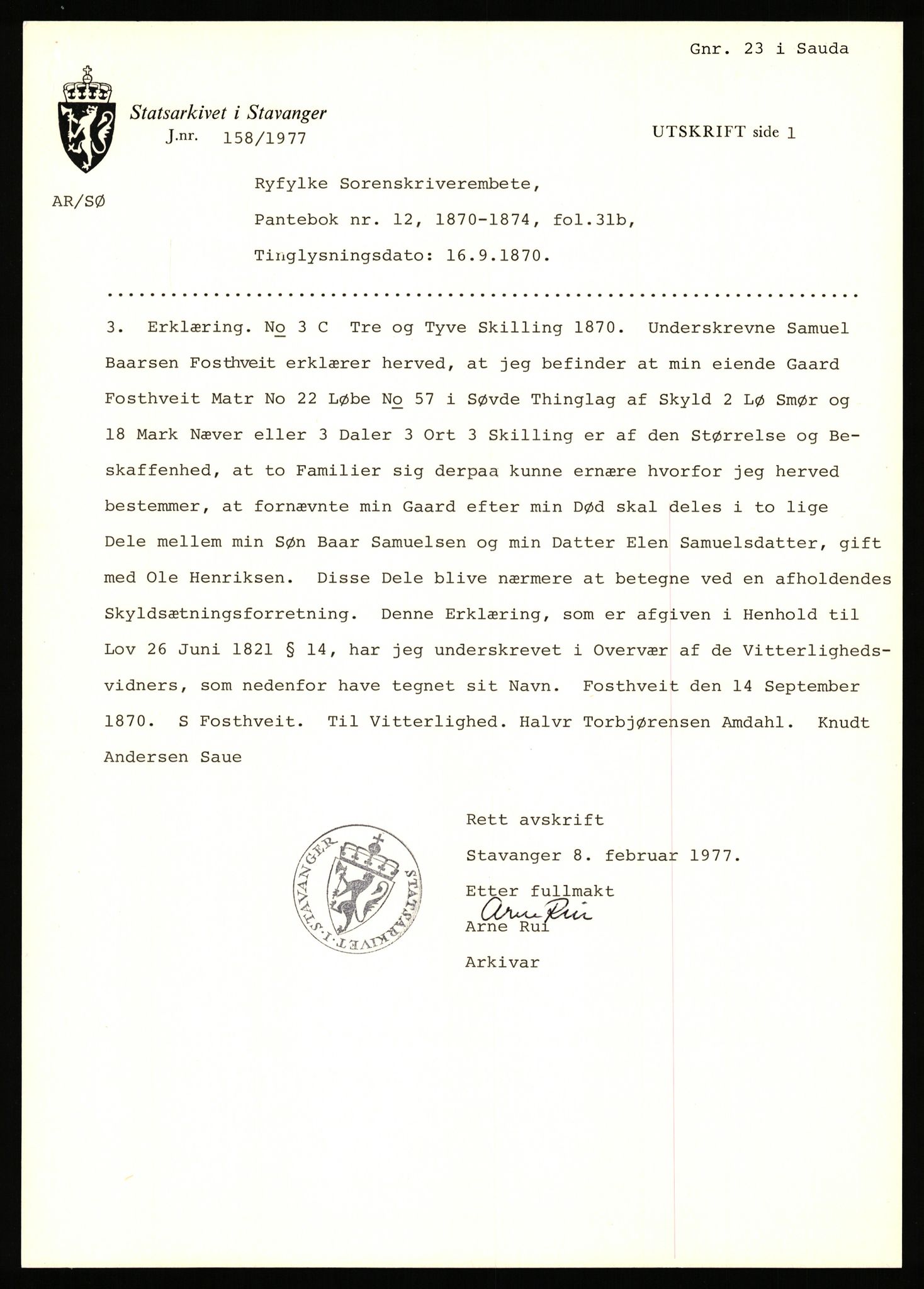 Statsarkivet i Stavanger, AV/SAST-A-101971/03/Y/Yj/L0022: Avskrifter sortert etter gårdsnavn: Foss - Frøiland i Hetland, 1750-1930, p. 281
