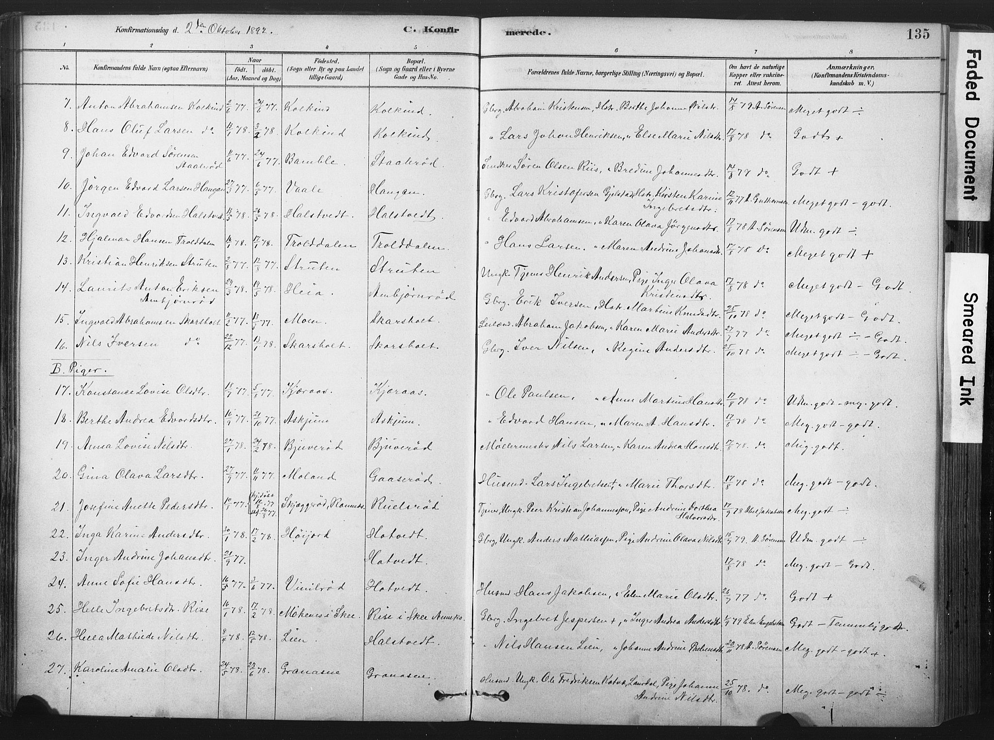 Andebu kirkebøker, AV/SAKO-A-336/F/Fa/L0007: Parish register (official) no. 7, 1878-1899, p. 135