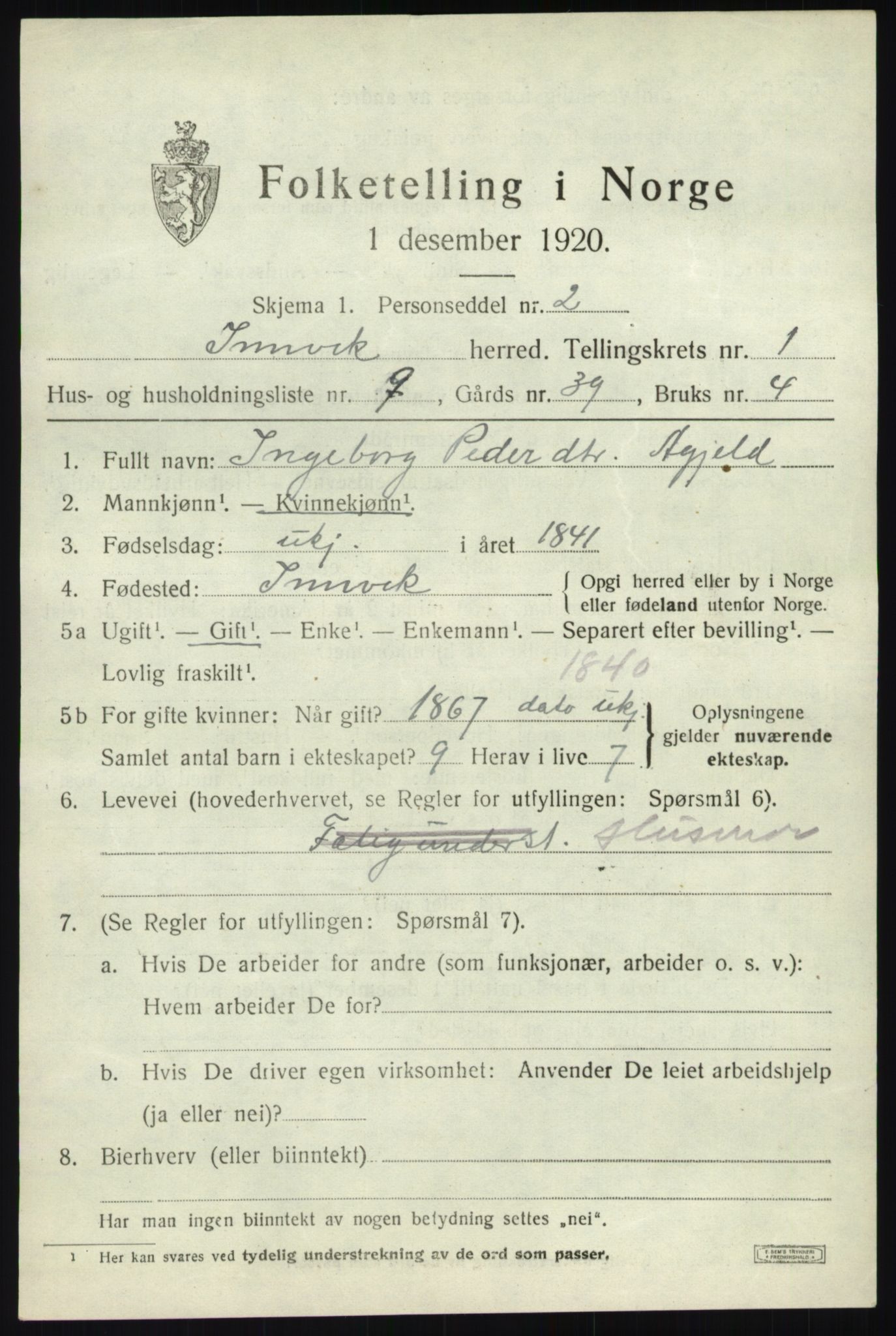 SAB, 1920 census for Innvik, 1920, p. 1215