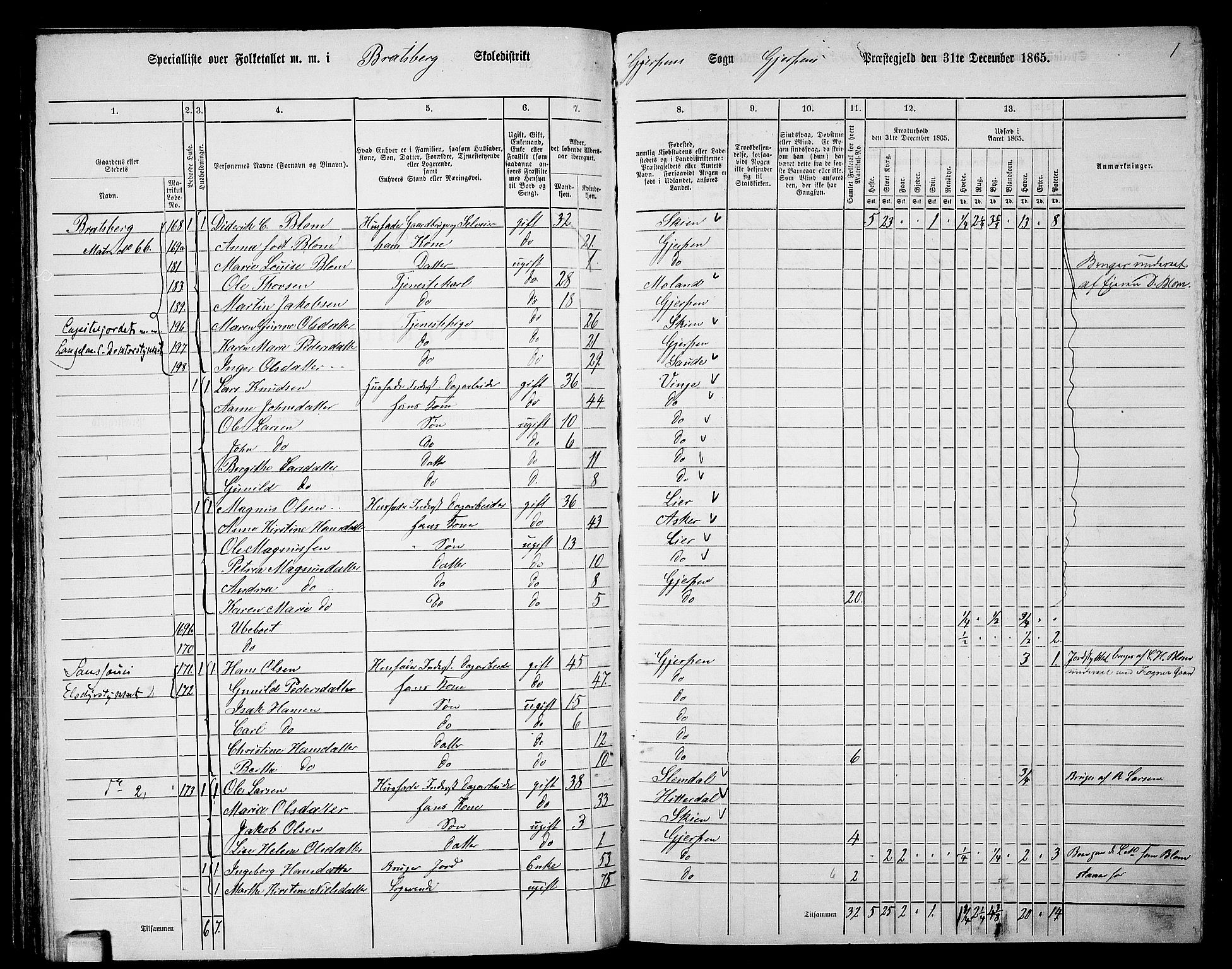 RA, 1865 census for Gjerpen, 1865, p. 109