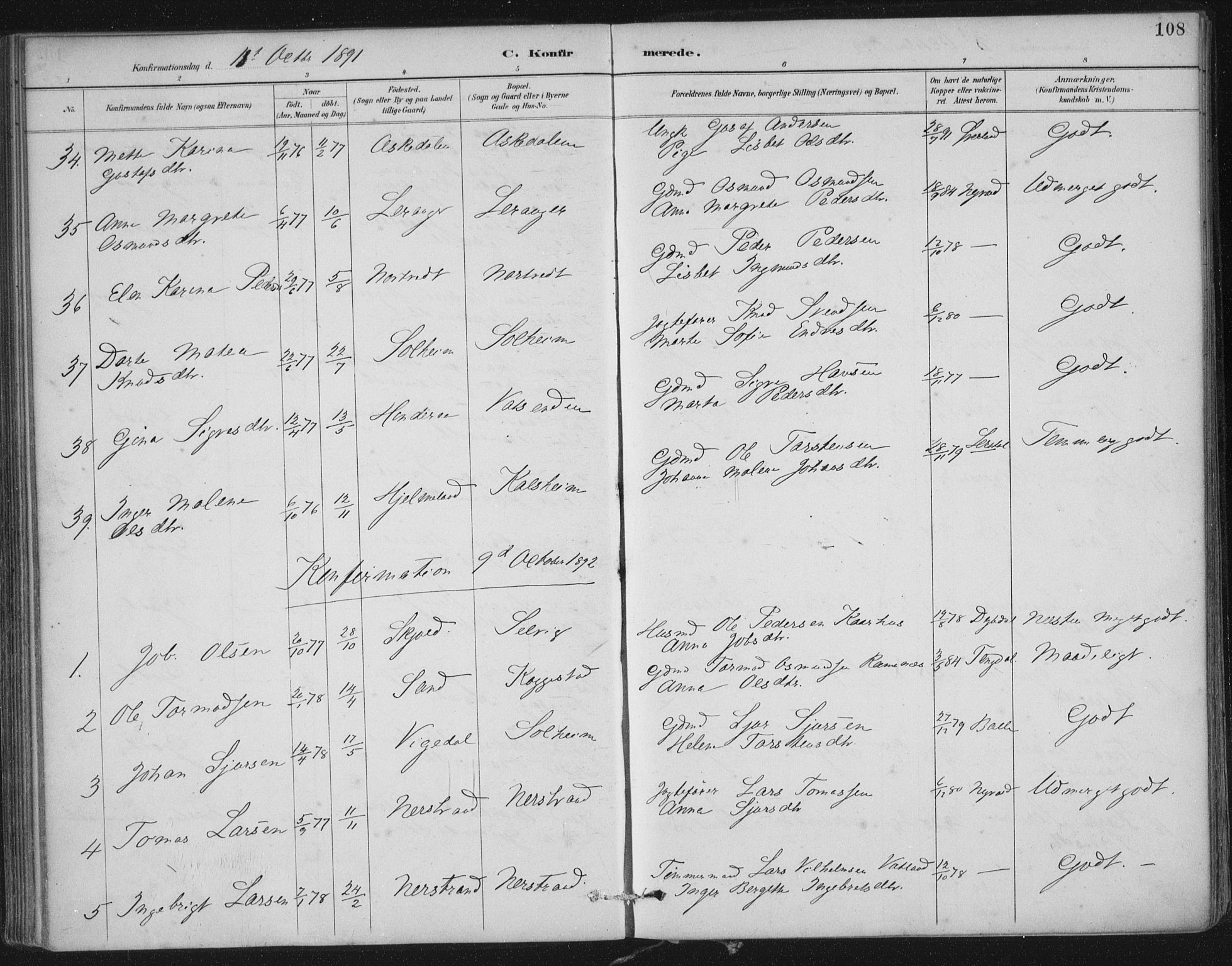 Nedstrand sokneprestkontor, SAST/A-101841/01/IV: Parish register (official) no. A 12, 1887-1915, p. 108
