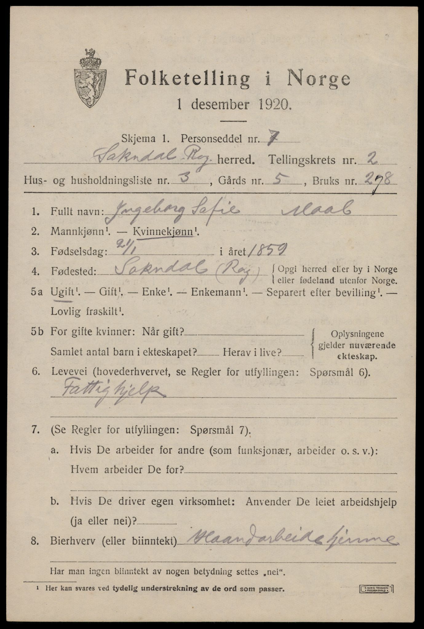 SAST, 1920 census for Sokndal, 1920, p. 1727