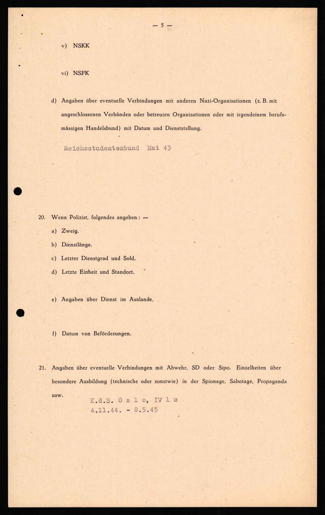Forsvaret, Forsvarets overkommando II, RA/RAFA-3915/D/Db/L0029: CI Questionaires. Tyske okkupasjonsstyrker i Norge. Tyskere., 1945-1946, p. 397