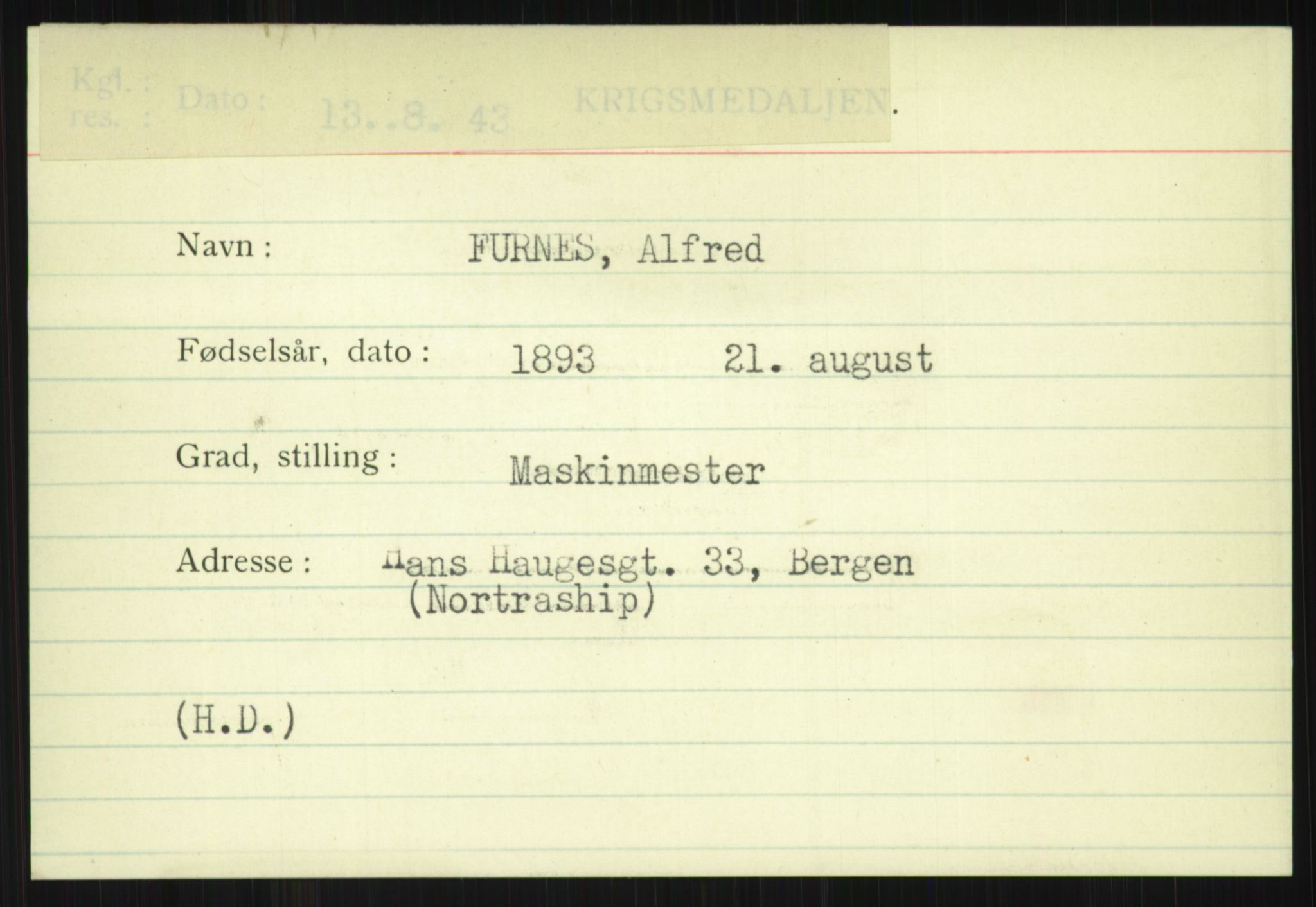 Direktoratet for sjømenn, AV/RA-S-3545/G/Gi/L0005: Alfabetisk ordnet kartotek over krigsdekorasjoner tildelt nordmenn under krigen, Ekeberg - Hendriksen, 1940-1945, p. 645