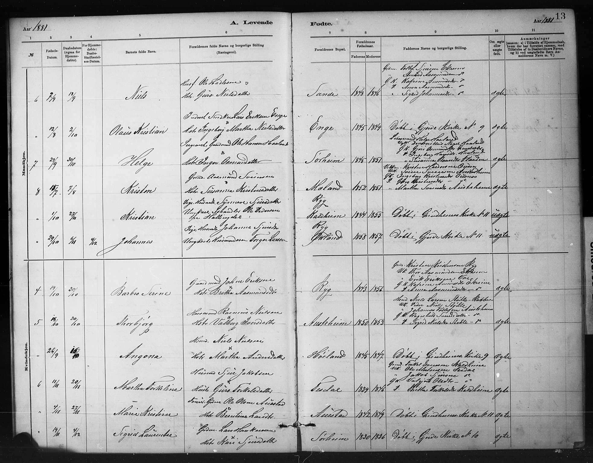 Etne sokneprestembete, SAB/A-75001/H/Hab: Parish register (copy) no. A 5, 1879-1896, p. 13