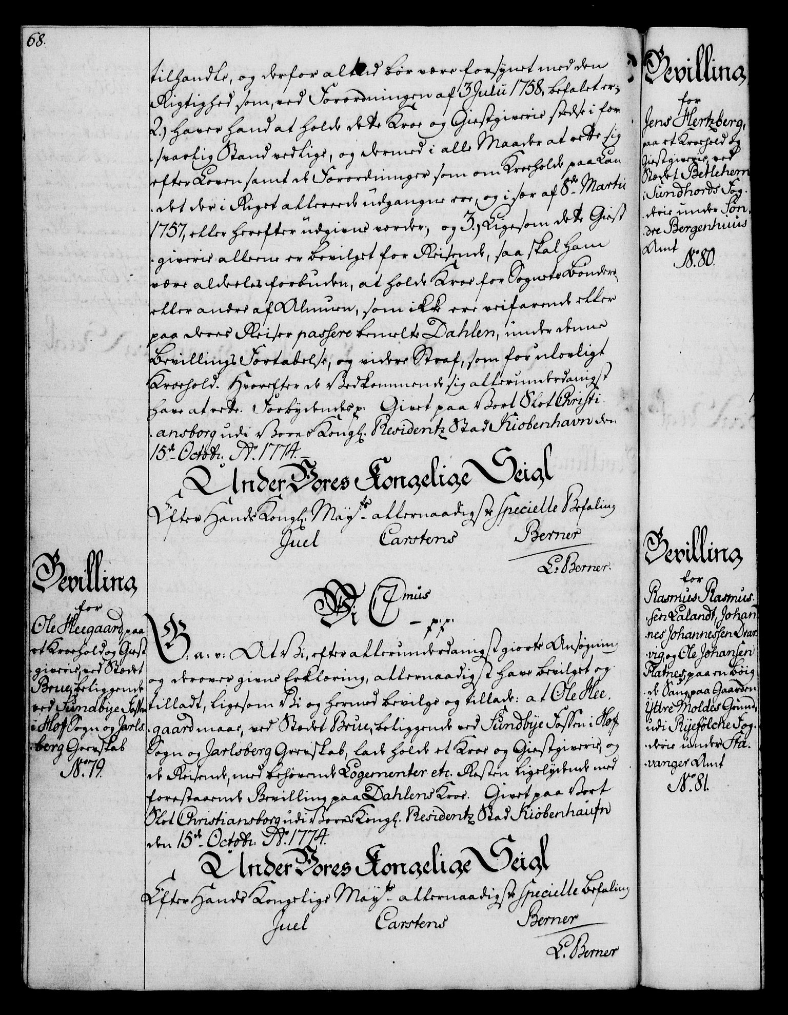 Rentekammeret, Kammerkanselliet, AV/RA-EA-3111/G/Gg/Gga/L0010: Norsk ekspedisjonsprotokoll med register (merket RK 53.10), 1773-1778, p. 68