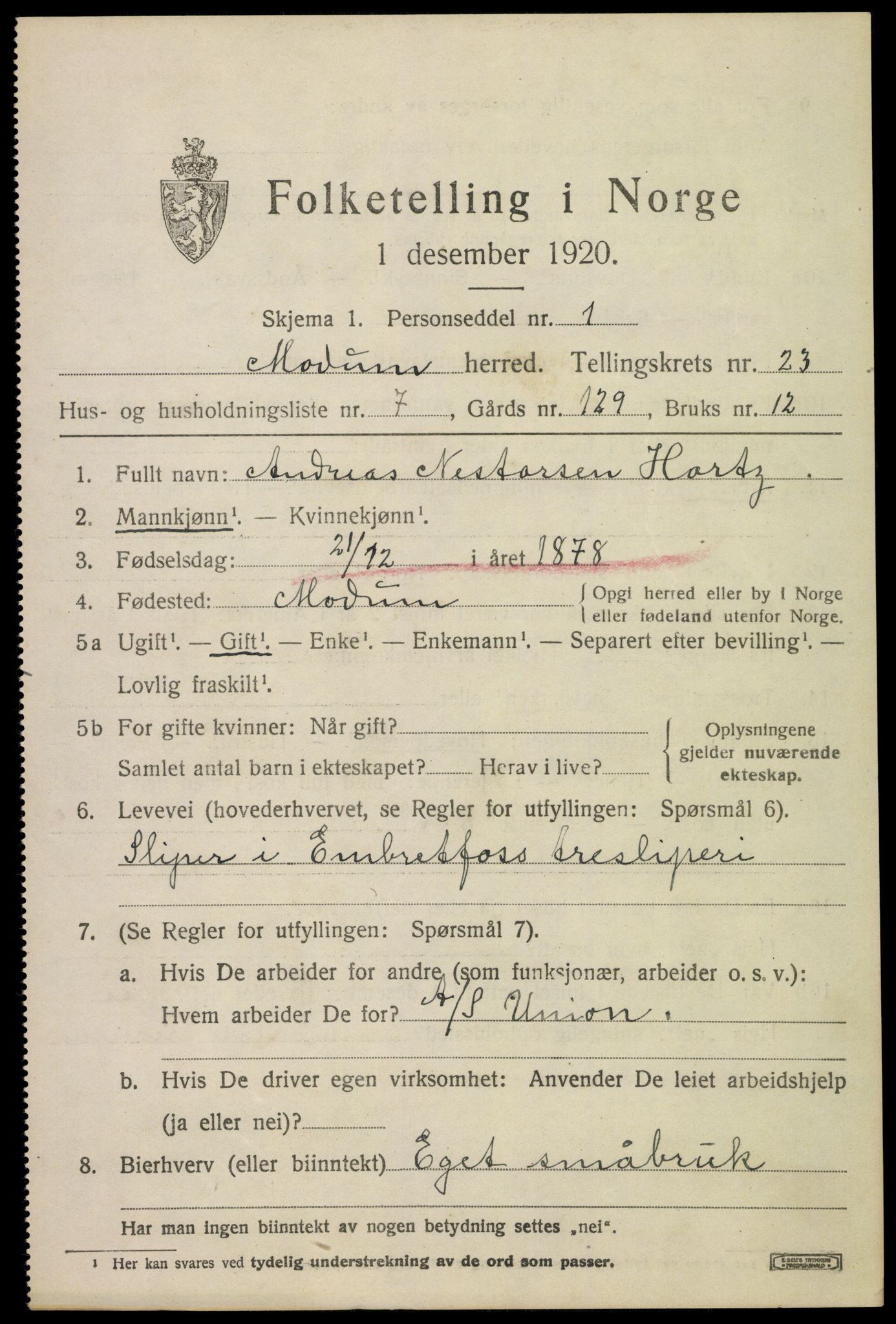 SAKO, 1920 census for Modum, 1920, p. 23453