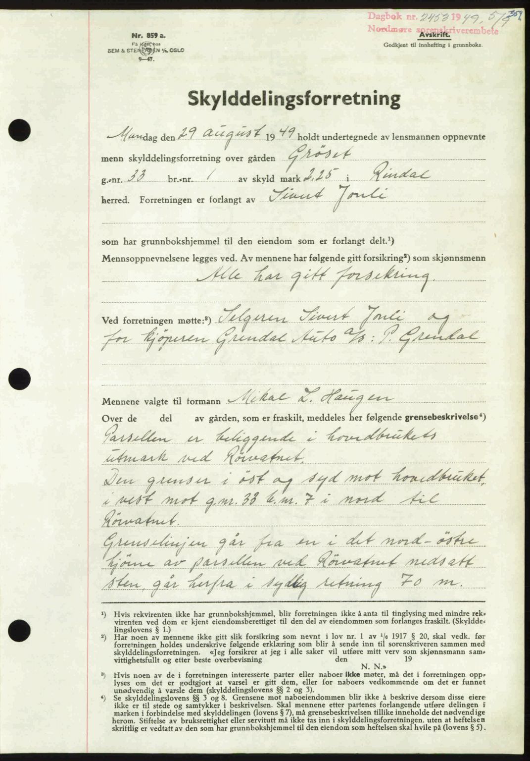 Nordmøre sorenskriveri, AV/SAT-A-4132/1/2/2Ca: Mortgage book no. A112, 1949-1949, Diary no: : 2453/1949