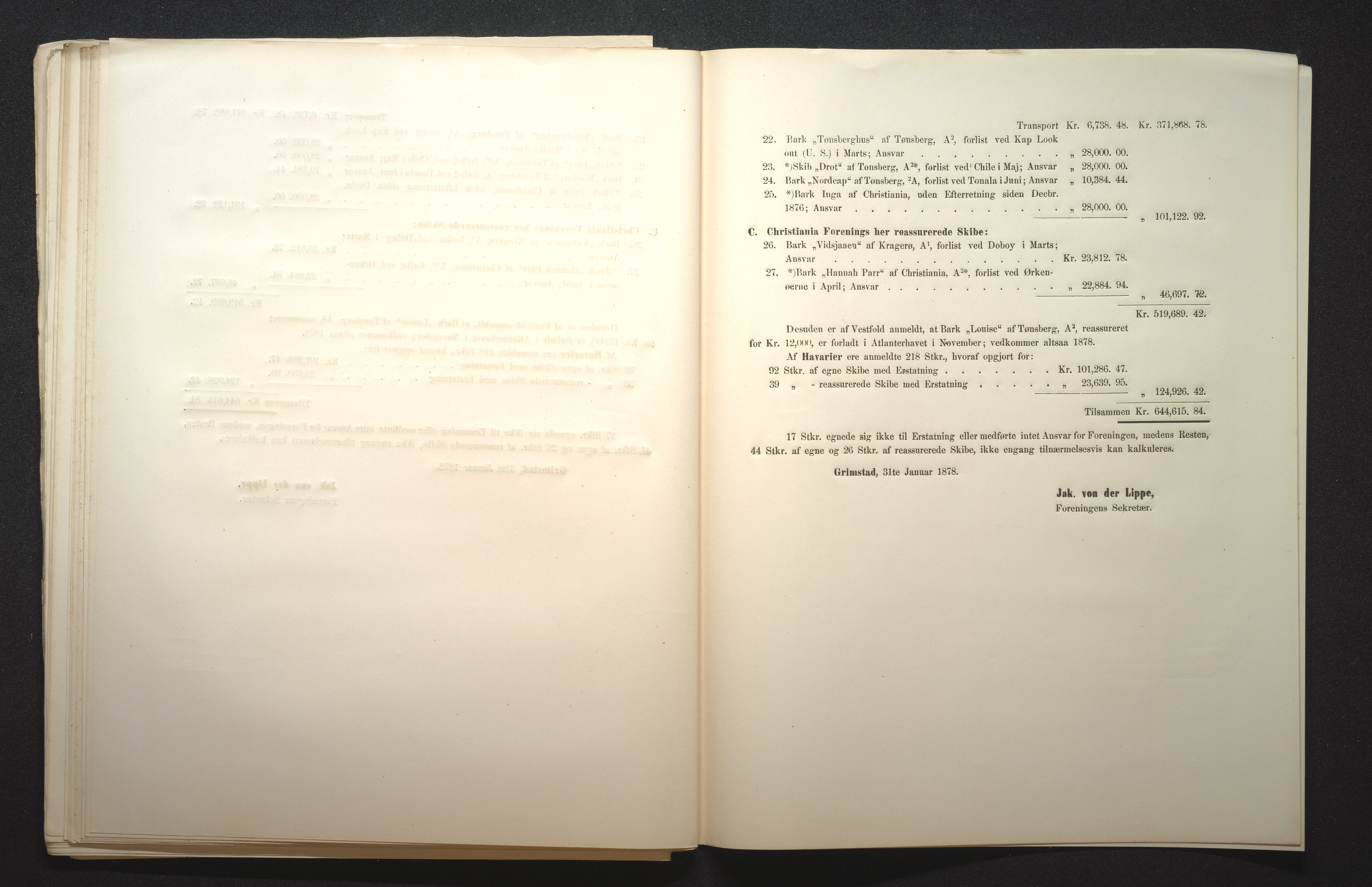 Agders Gjensidige Assuranceforening, AAKS/PA-1718/05/L0001: Regnskap, seilavdeling, pakkesak, 1855-1880