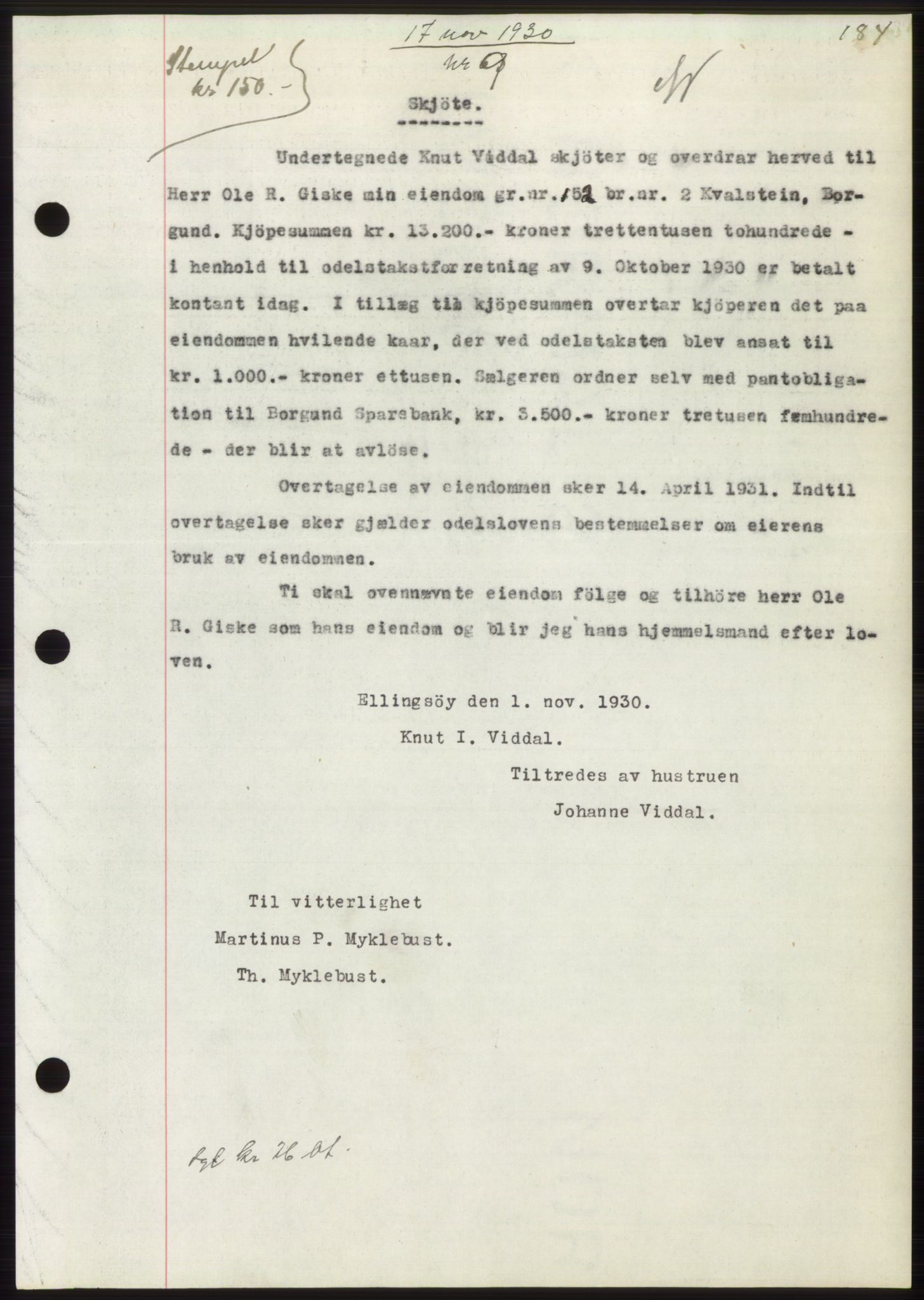 Nordre Sunnmøre sorenskriveri, AV/SAT-A-0006/1/2/2C/2Ca/L0047: Mortgage book no. 47, 1930-1931, Deed date: 17.11.1930