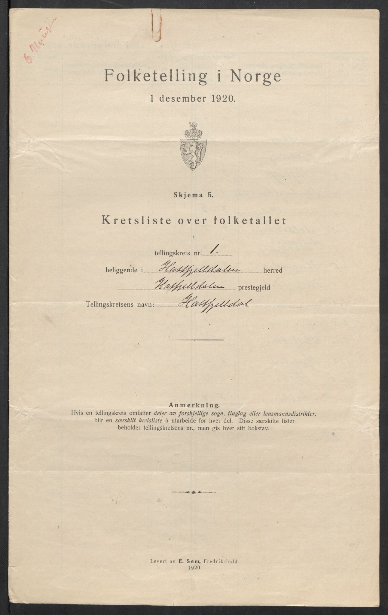 SAT, 1920 census for Hattfjelldal, 1920, p. 6