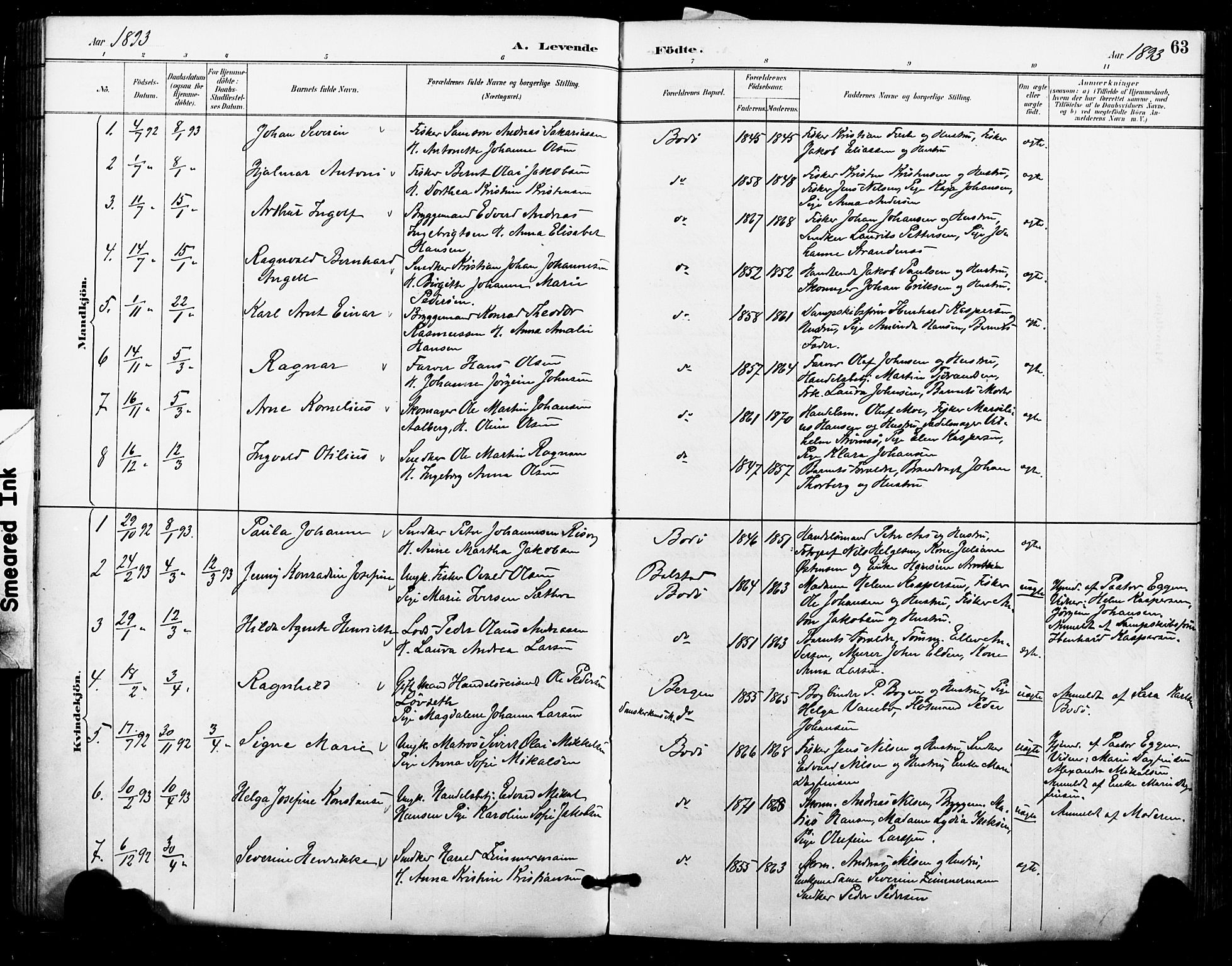 Ministerialprotokoller, klokkerbøker og fødselsregistre - Nordland, SAT/A-1459/801/L0010: Parish register (official) no. 801A10, 1888-1899, p. 63