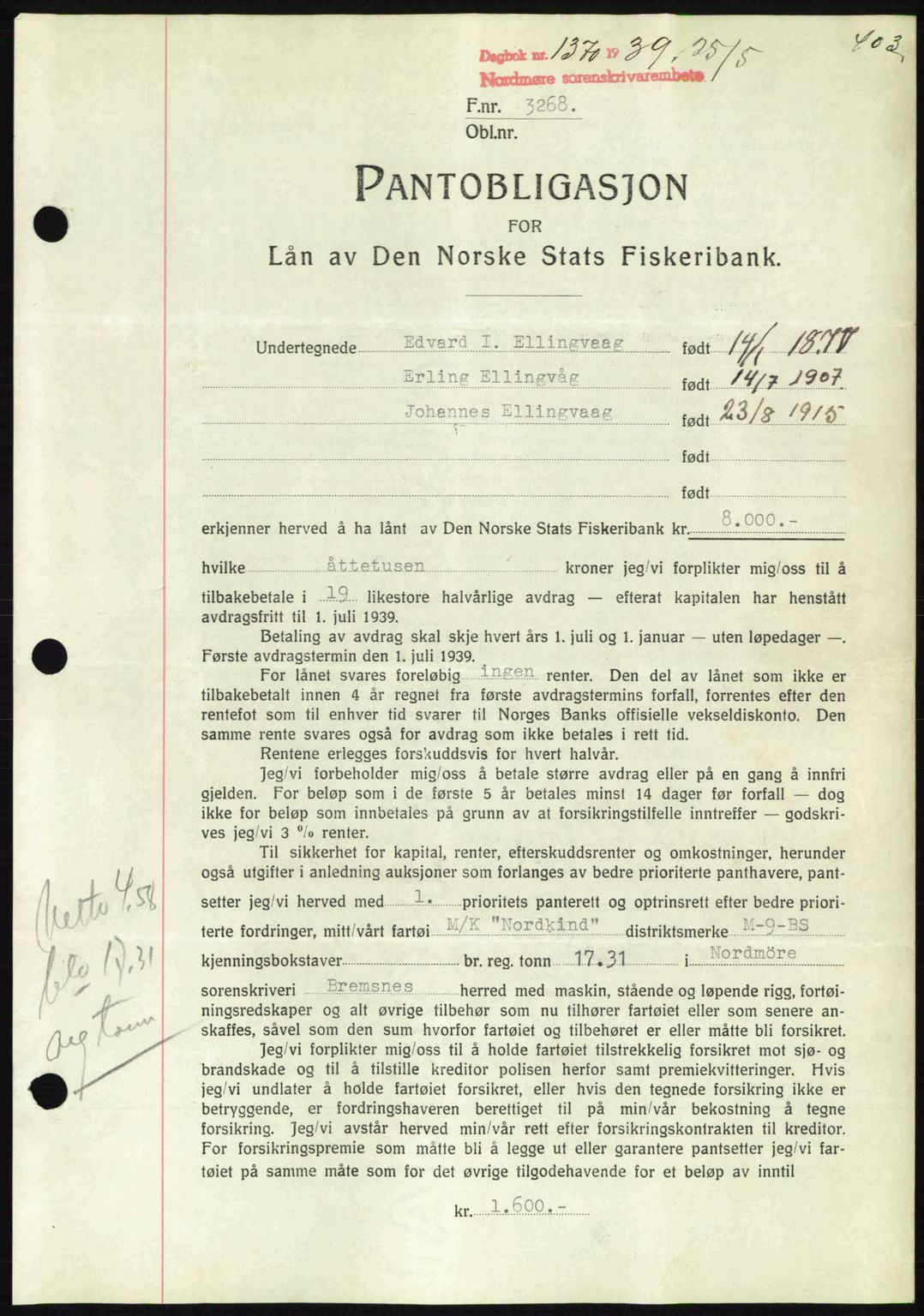 Nordmøre sorenskriveri, AV/SAT-A-4132/1/2/2Ca: Mortgage book no. B85, 1939-1939, Diary no: : 1370/1939