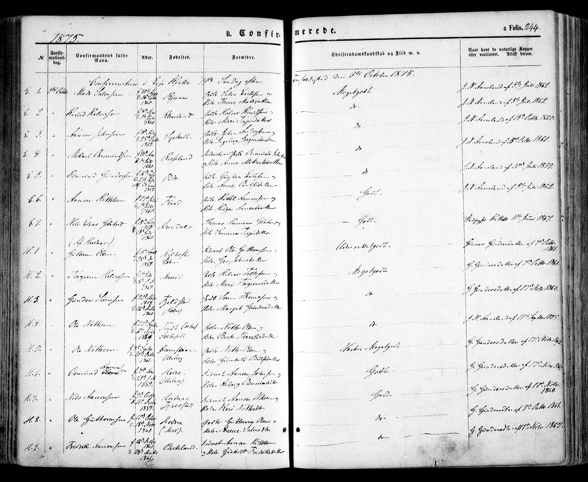 Evje sokneprestkontor, SAK/1111-0008/F/Fa/Faa/L0006: Parish register (official) no. A 6, 1866-1884, p. 244