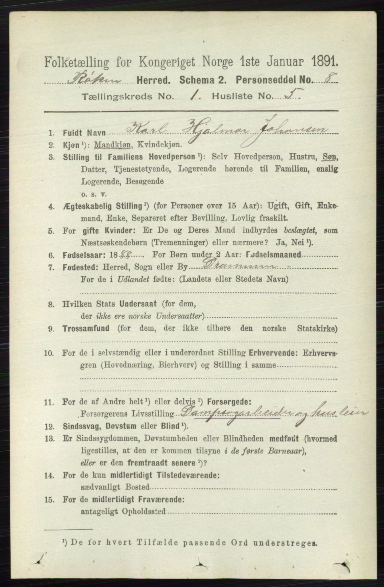 RA, 1891 census for 0627 Røyken, 1891, p. 129
