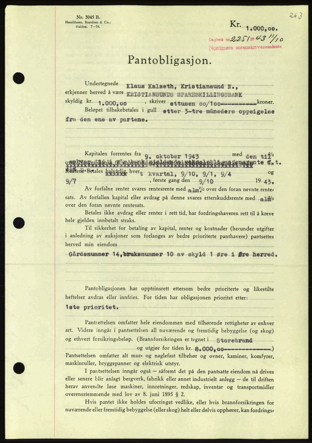 Nordmøre sorenskriveri, AV/SAT-A-4132/1/2/2Ca: Mortgage book no. B91, 1943-1944, Diary no: : 2228/1943