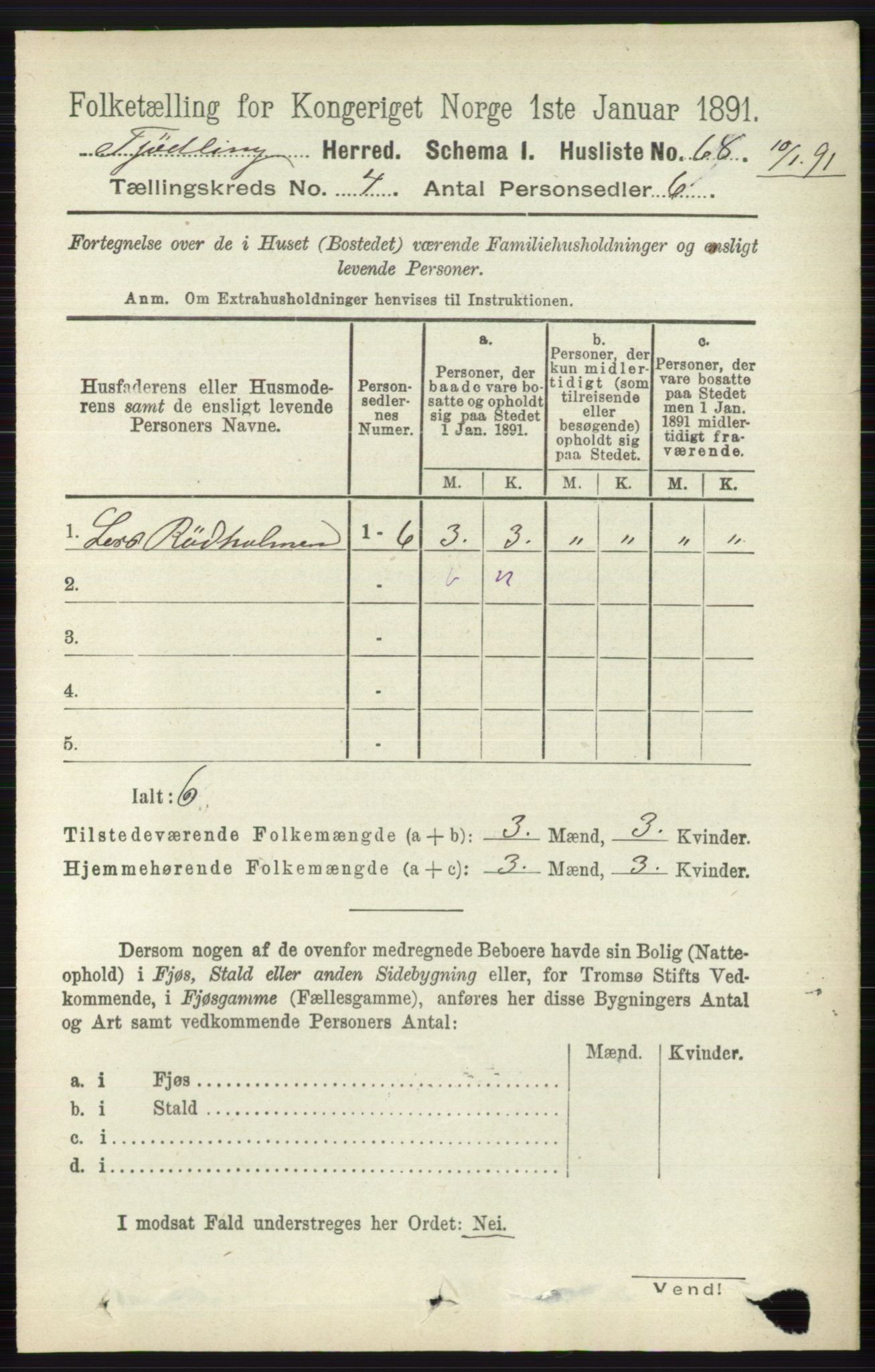 RA, 1891 census for 0725 Tjølling, 1891, p. 1437