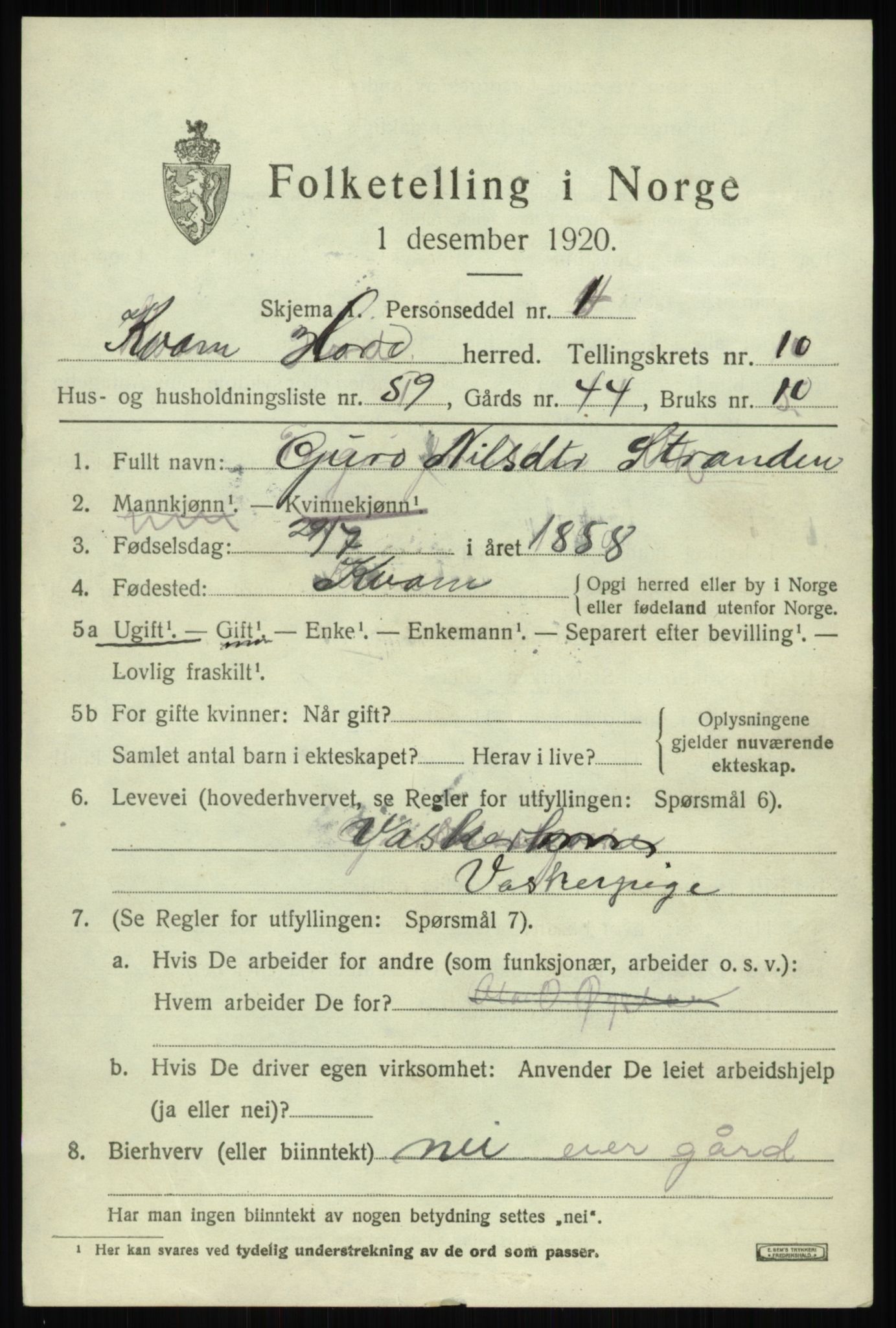 SAB, 1920 census for Kvam, 1920, p. 7023