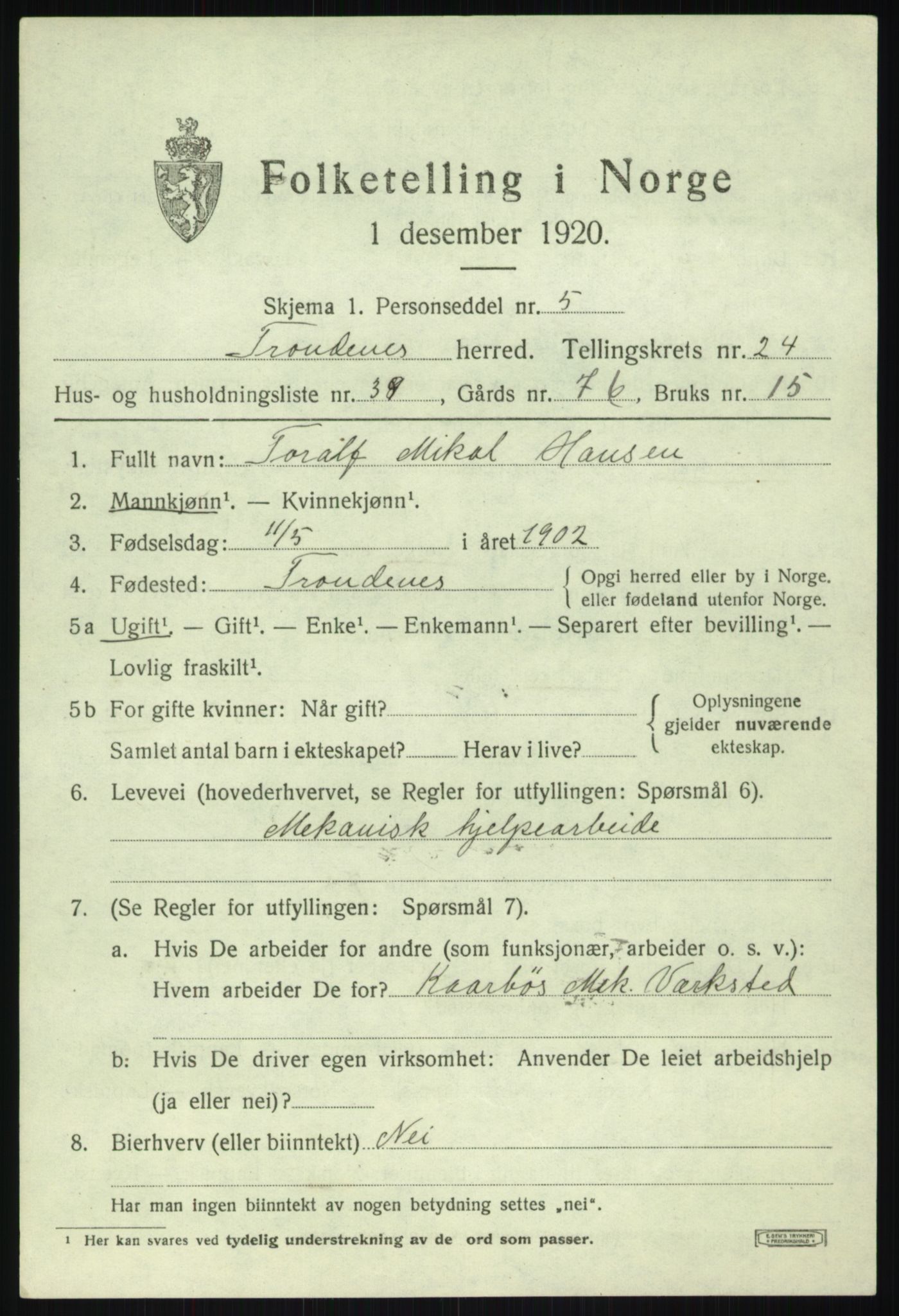 SATØ, 1920 census for Trondenes, 1920, p. 18400