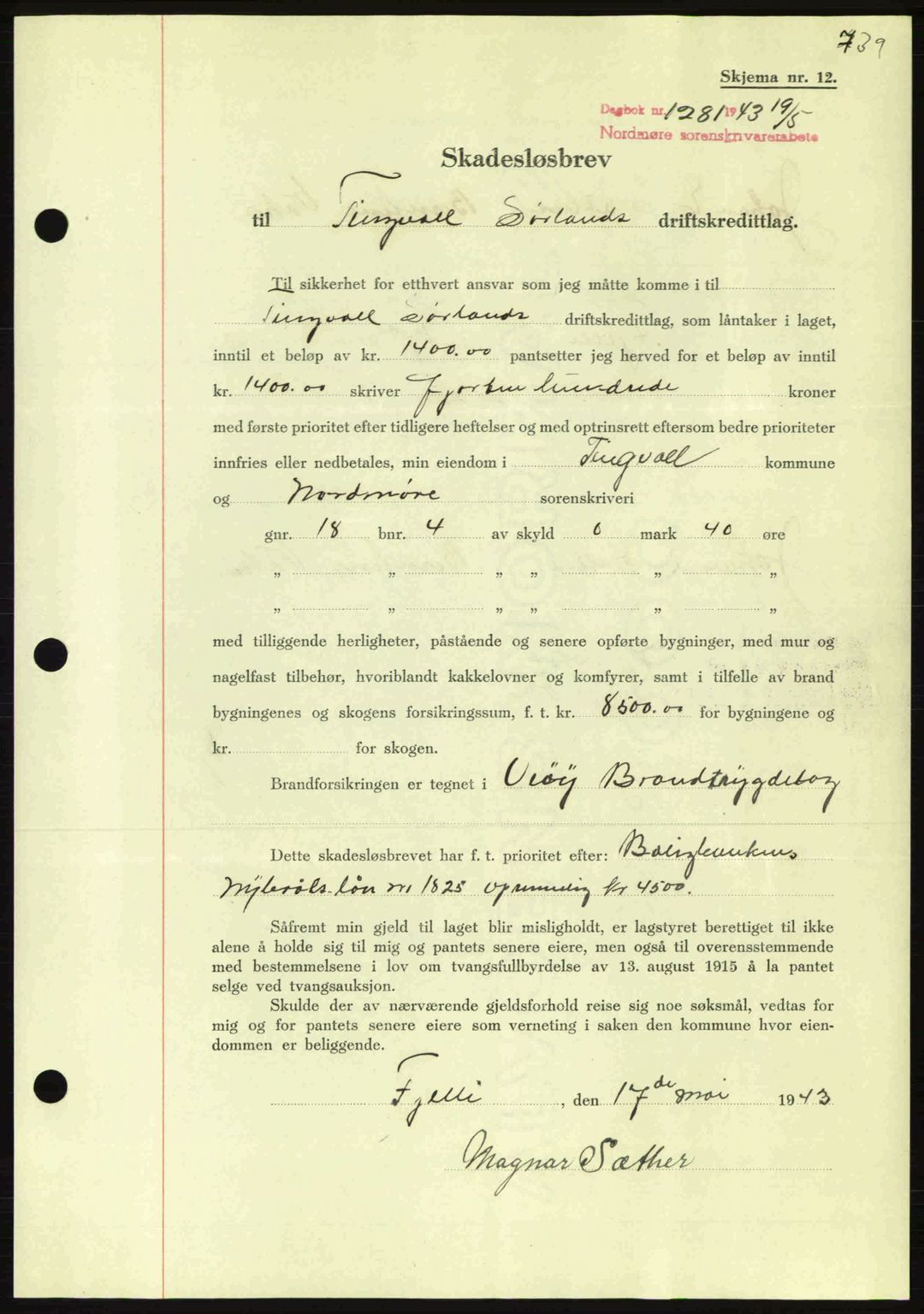 Nordmøre sorenskriveri, AV/SAT-A-4132/1/2/2Ca: Mortgage book no. B90, 1942-1943, Diary no: : 1281/1943