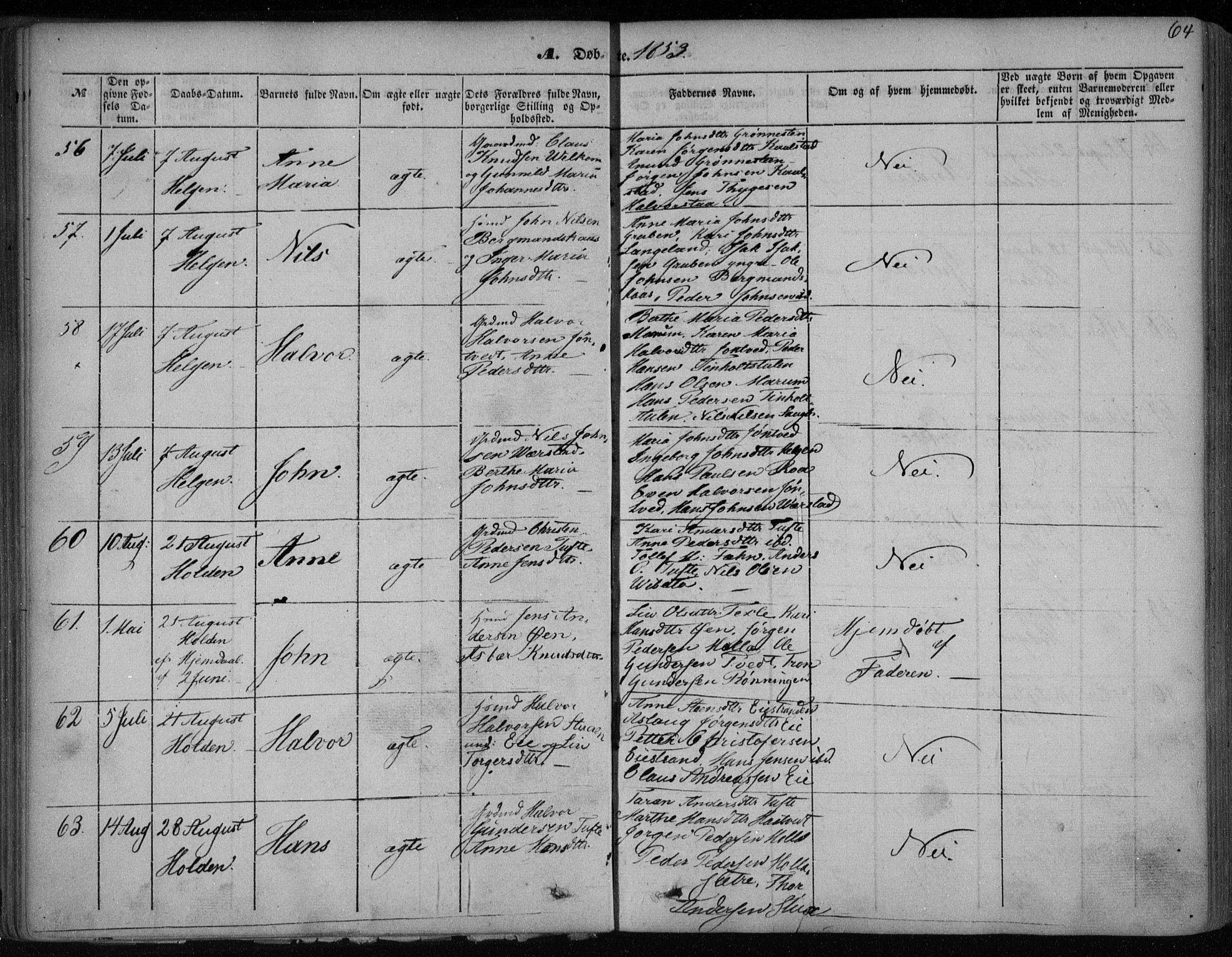 Holla kirkebøker, SAKO/A-272/F/Fa/L0005: Parish register (official) no. 5, 1849-1860, p. 64