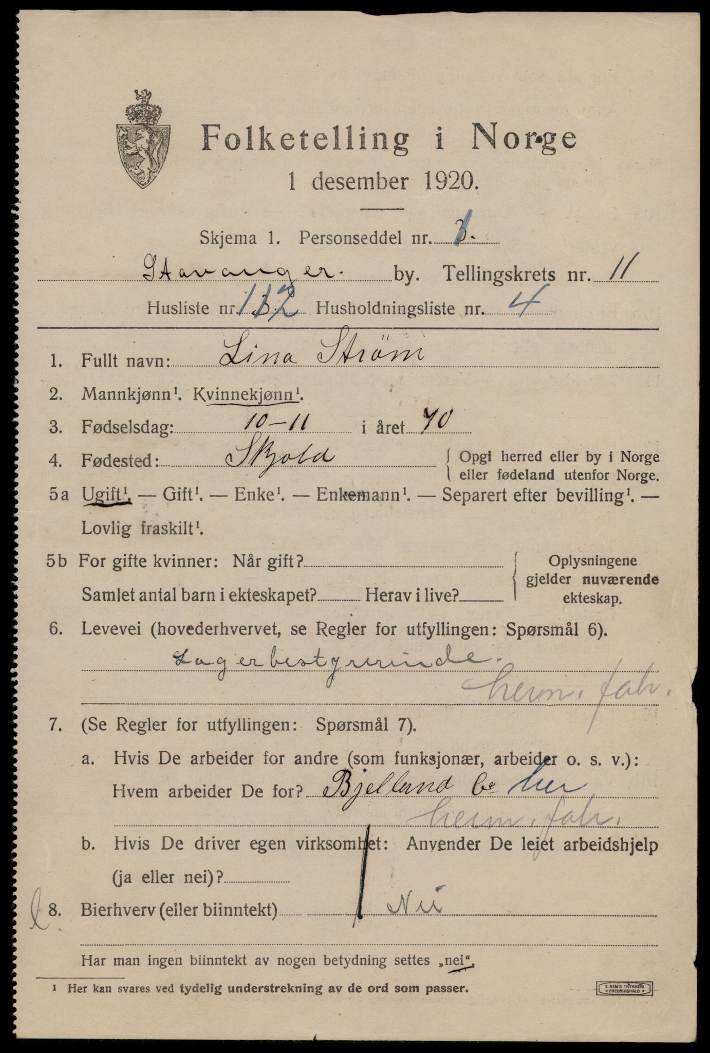 SAST, 1920 census for Stavanger, 1920, p. 56064