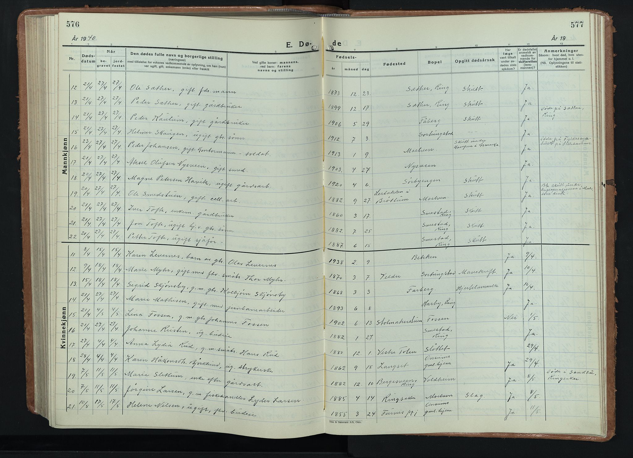 Ringsaker prestekontor, AV/SAH-PREST-014/L/La/L0020: Parish register (copy) no. 20, 1934-1946, p. 576-577