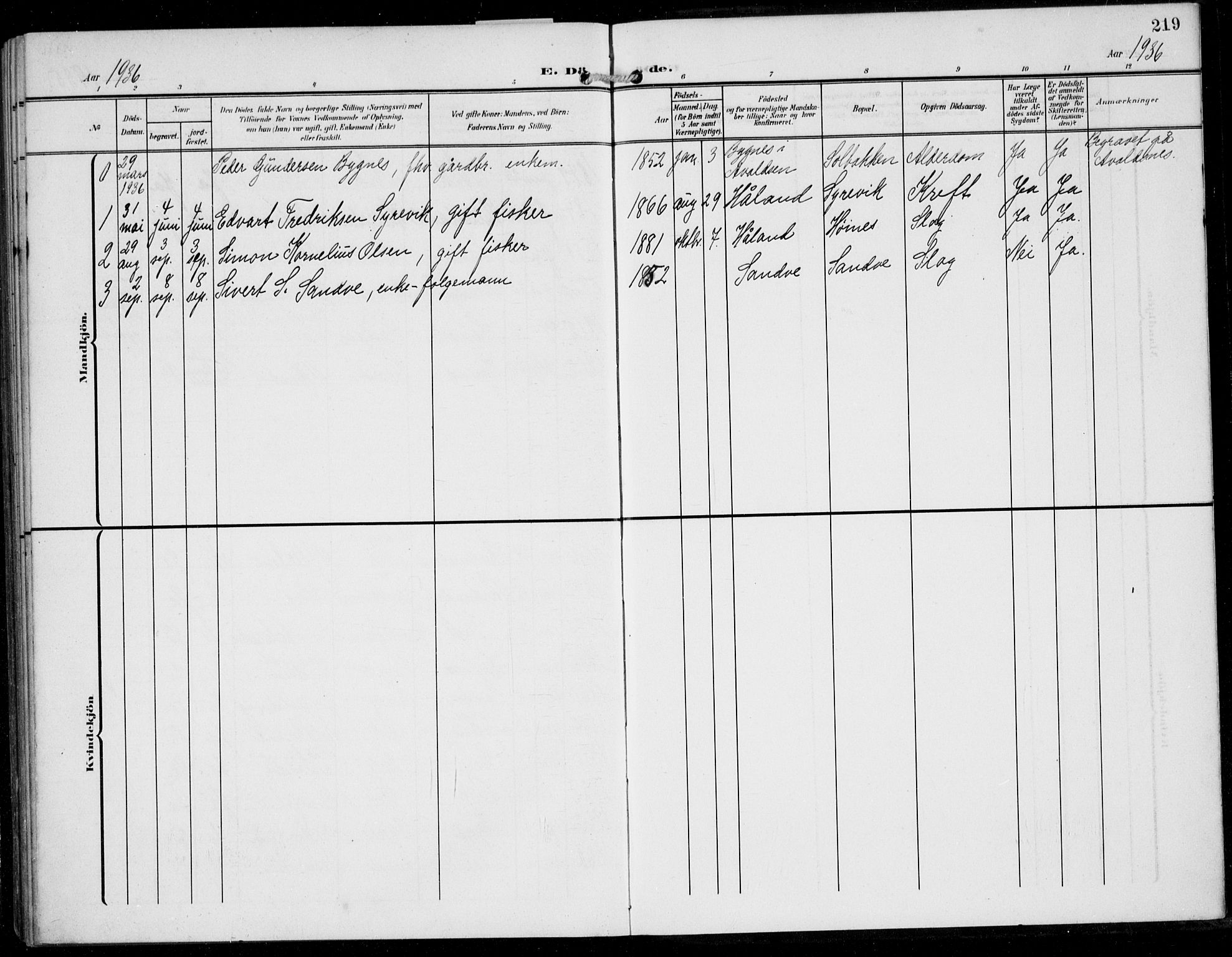 Skudenes sokneprestkontor, AV/SAST-A -101849/H/Ha/Hab/L0009: Parish register (copy) no. B 9, 1908-1936, p. 219