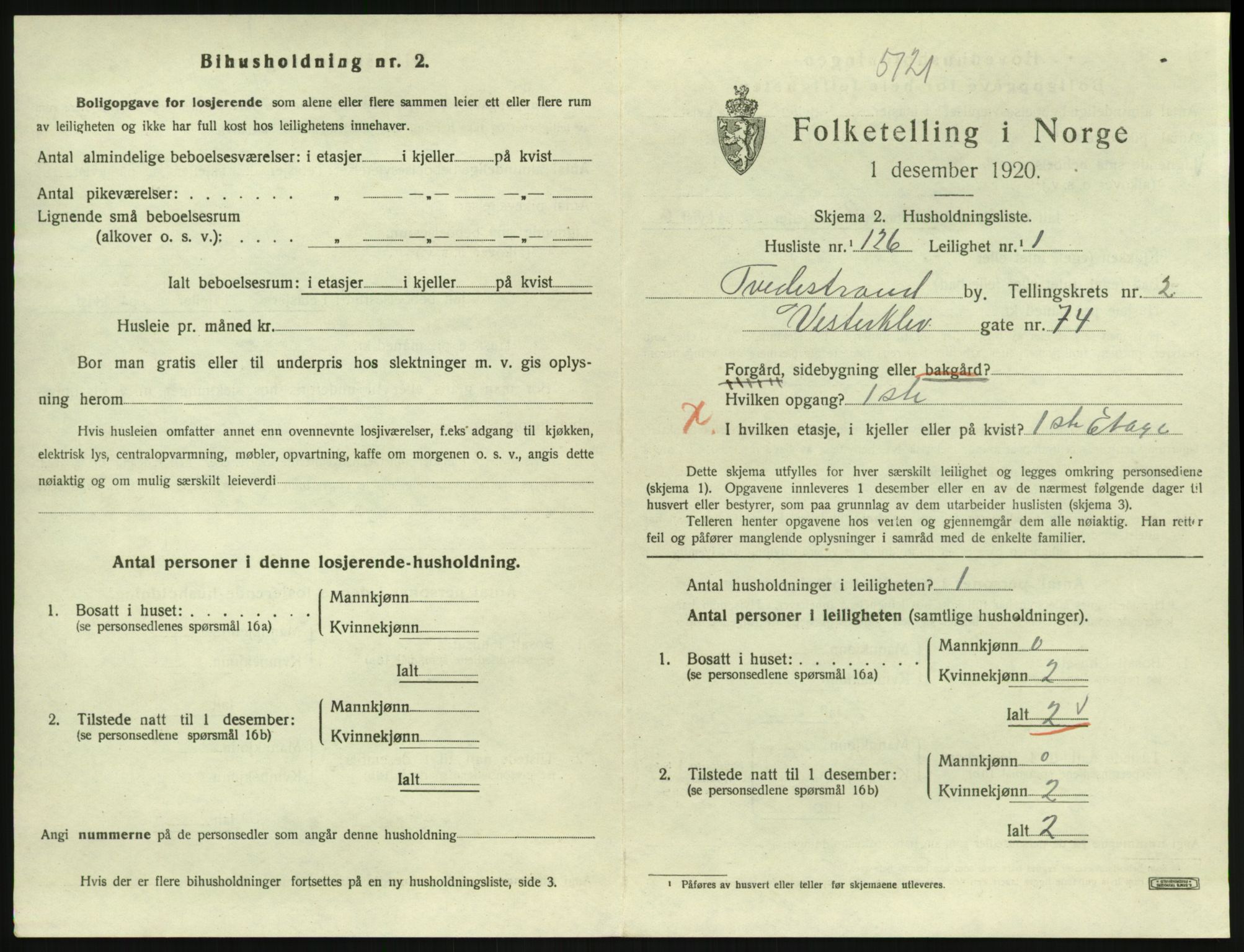 SAK, 1920 census for Tvedestrand, 1920, p. 1261