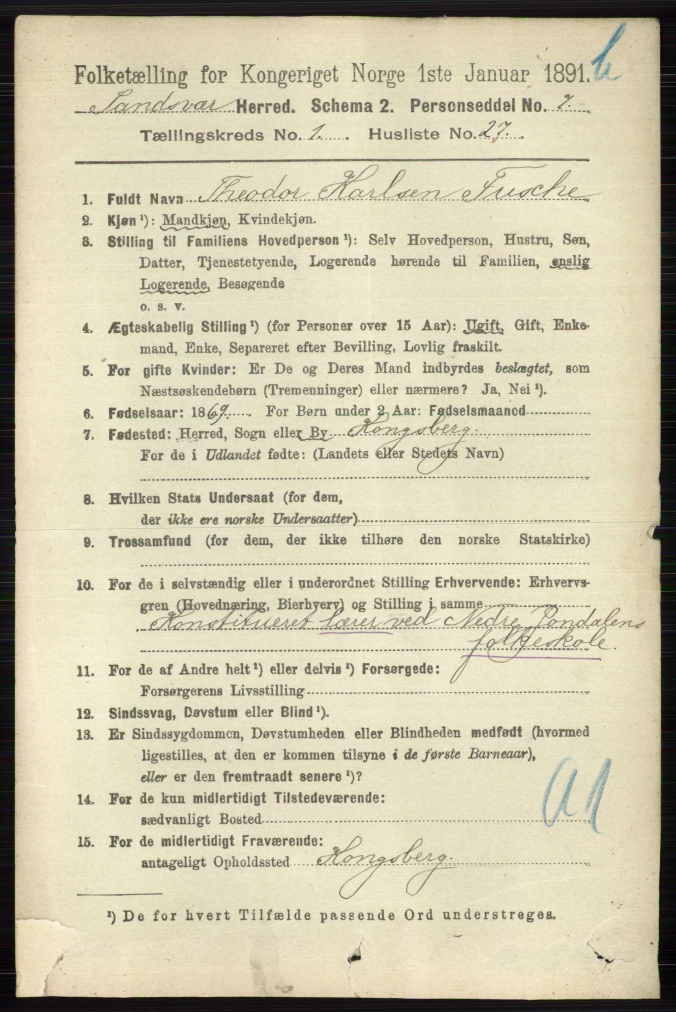 RA, 1891 census for 0629 Sandsvær, 1891, p. 5710