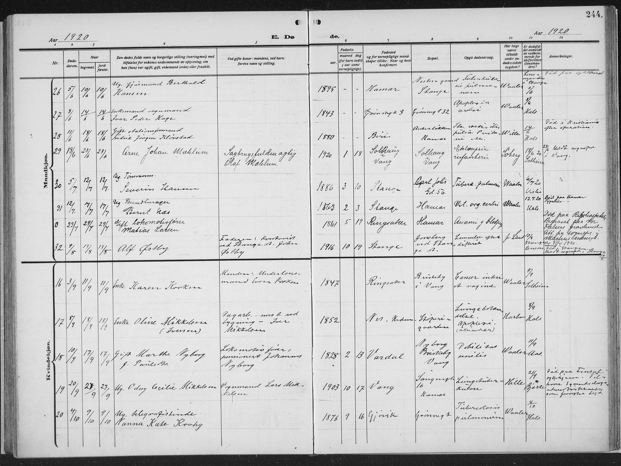 Hamar prestekontor, AV/SAH-DOMPH-002/H/Ha/Haa/L0002: Parish register (official) no. 2, 1915-1936, p. 244